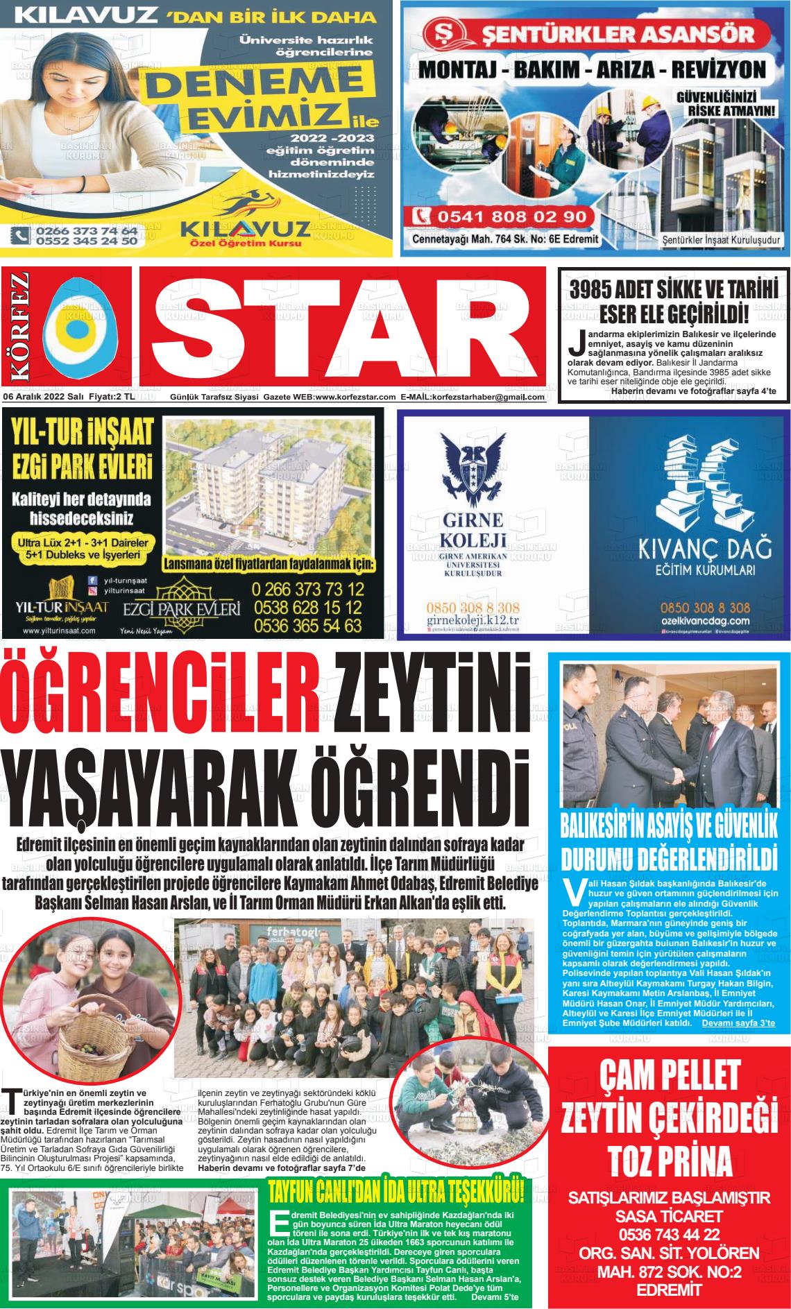 06 Aralık 2022 Körfez Star Gazete Manşeti