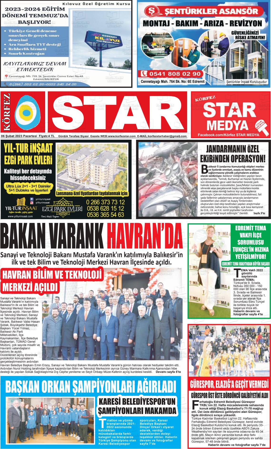 06 Şubat 2023 Körfez Star Gazete Manşeti