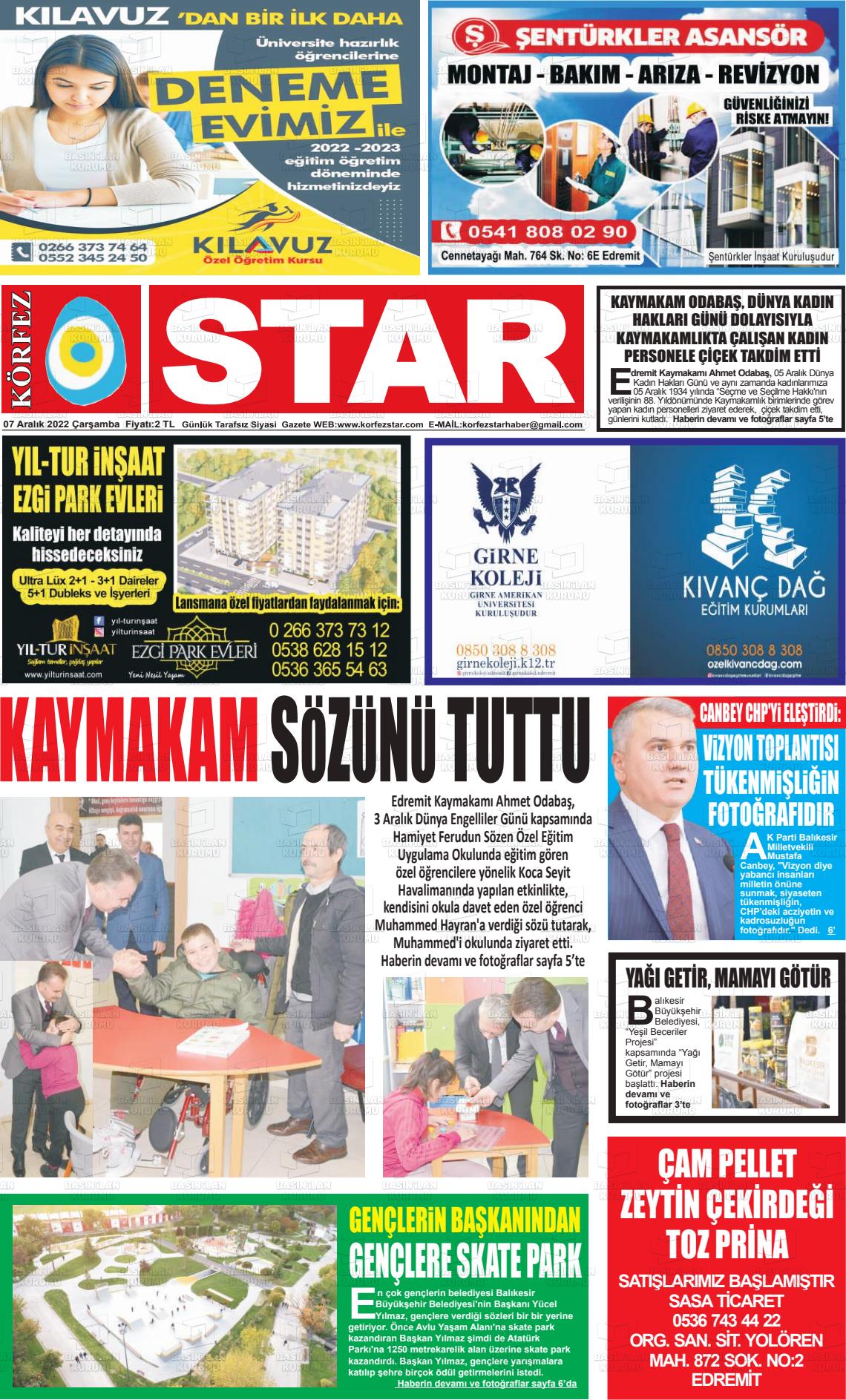 07 Aralık 2022 Körfez Star Gazete Manşeti