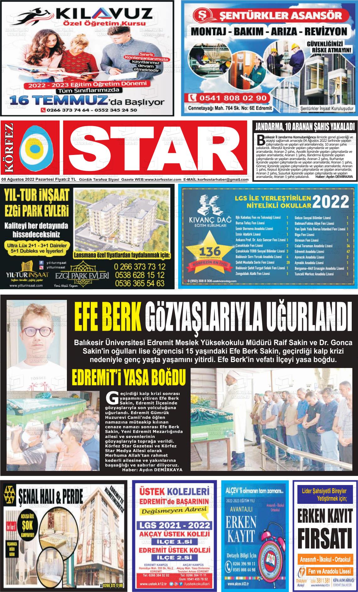 08 Ağustos 2022 Körfez Star Gazete Manşeti