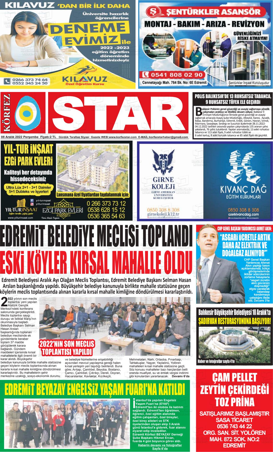 08 Aralık 2022 Körfez Star Gazete Manşeti