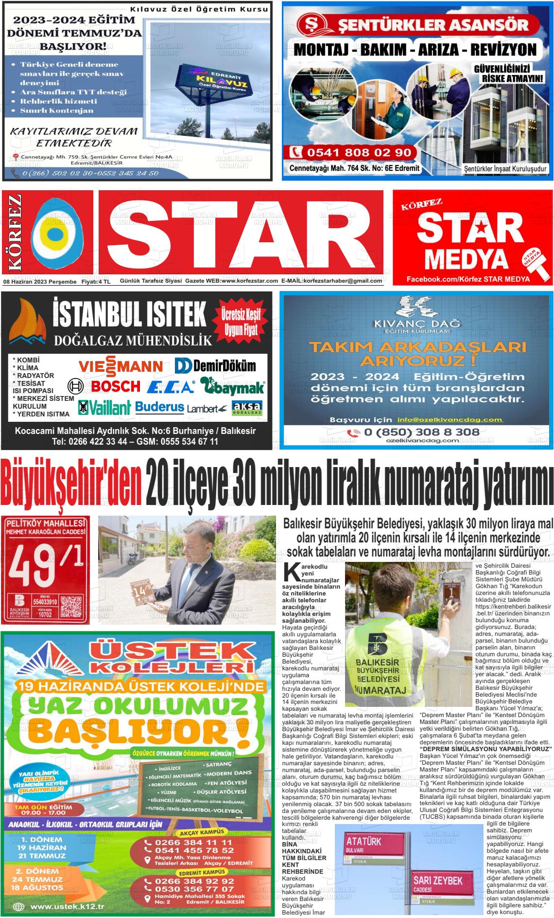 08 Haziran 2023 Körfez Star Gazete Manşeti