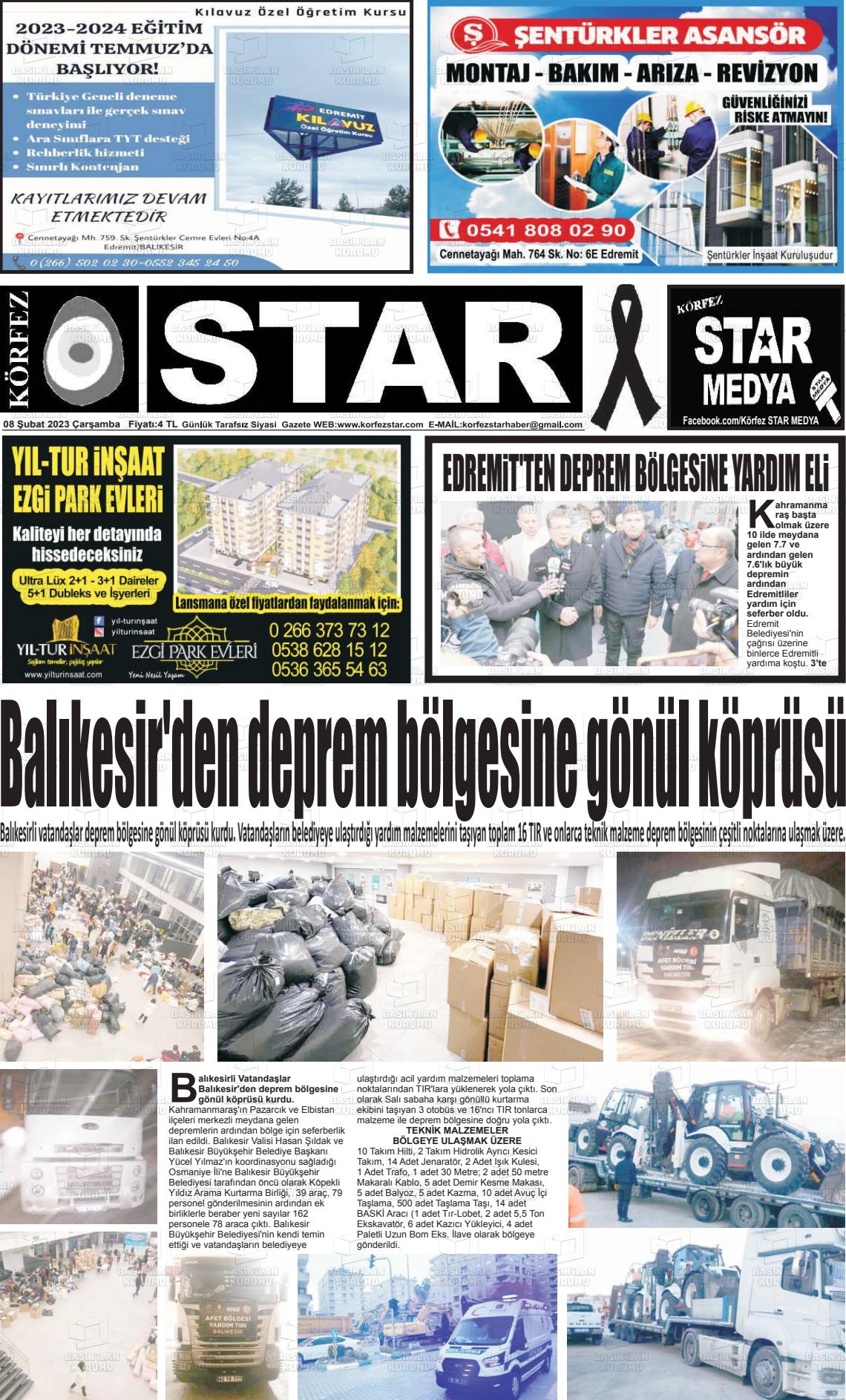 08 Şubat 2023 Körfez Star Gazete Manşeti