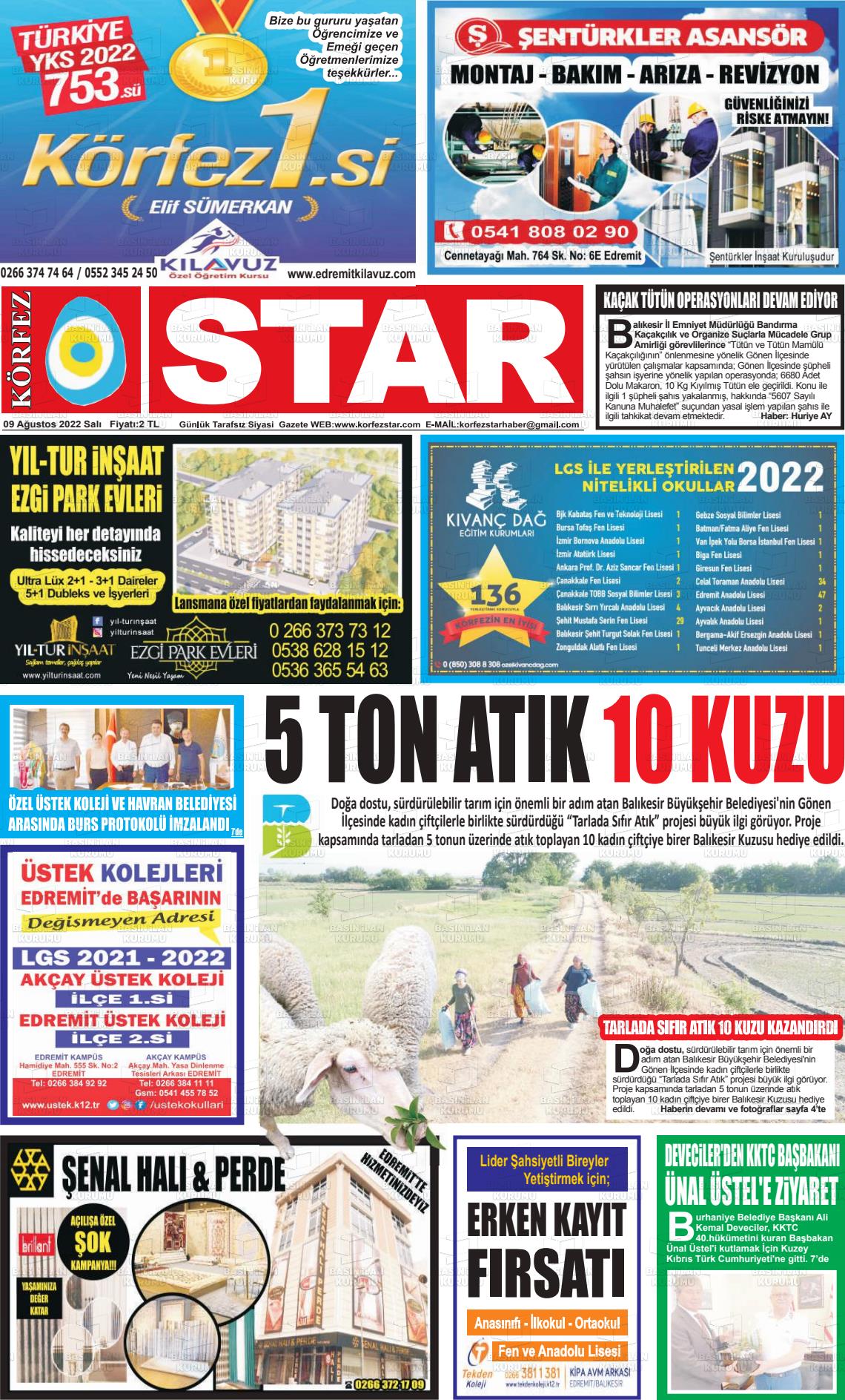 09 Ağustos 2022 Körfez Star Gazete Manşeti