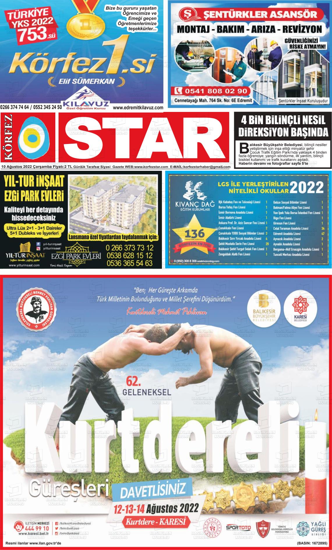 10 Ağustos 2022 Körfez Star Gazete Manşeti