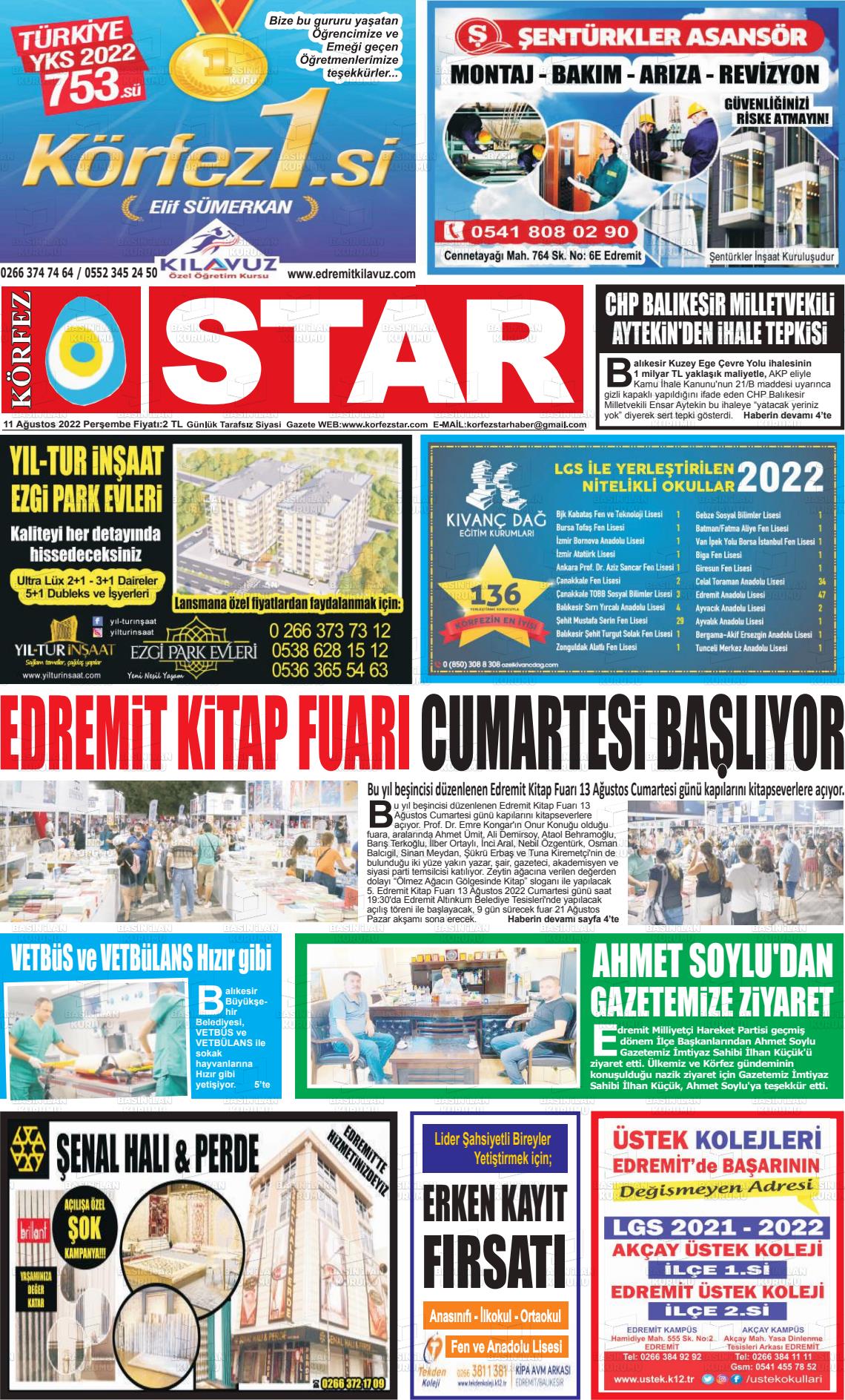 11 Ağustos 2022 Körfez Star Gazete Manşeti