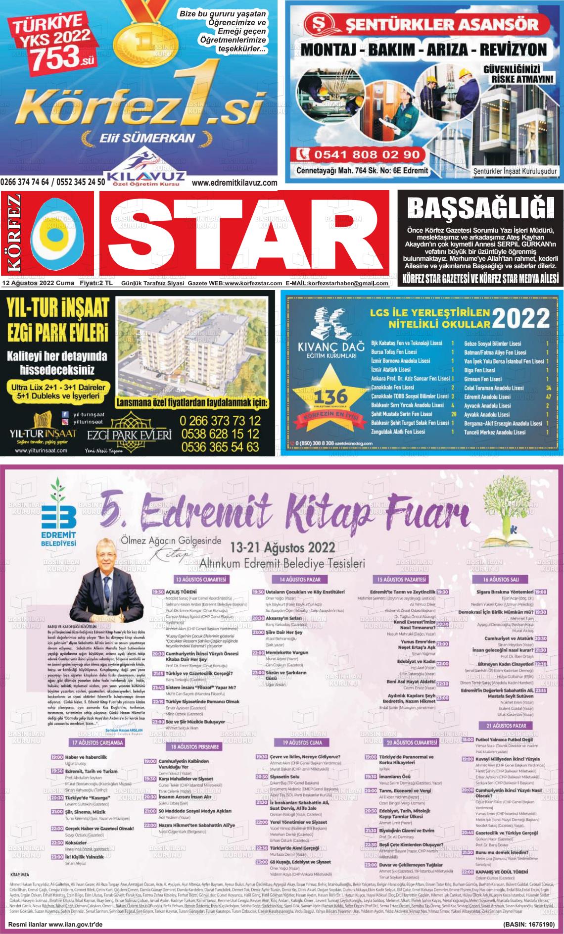 12 Ağustos 2022 Körfez Star Gazete Manşeti