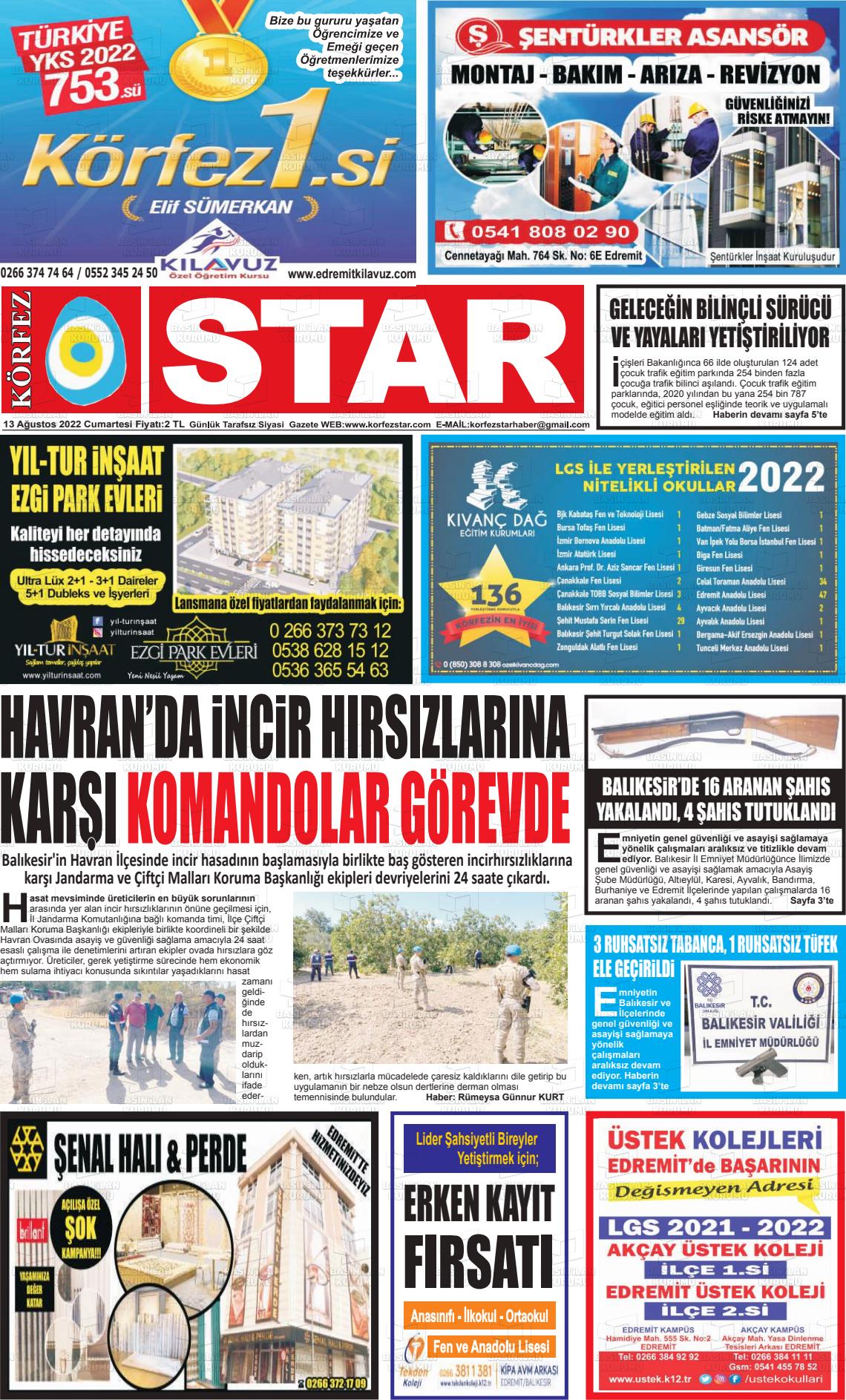 13 Ağustos 2022 Körfez Star Gazete Manşeti