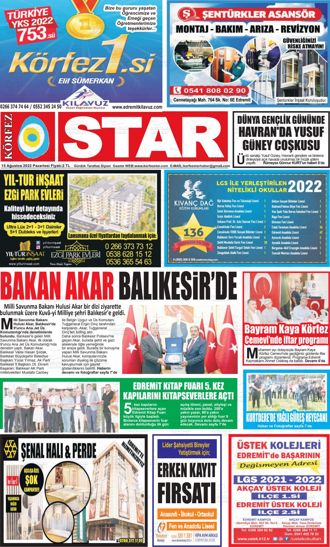15 Ağustos 2022 Körfez Star Gazete Manşeti