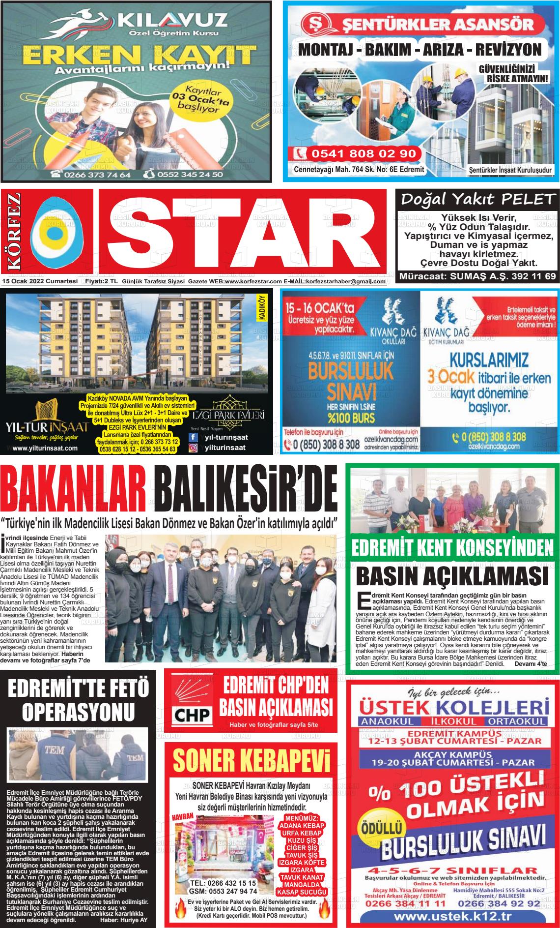 15 Ocak 2022 Körfez Star Gazete Manşeti