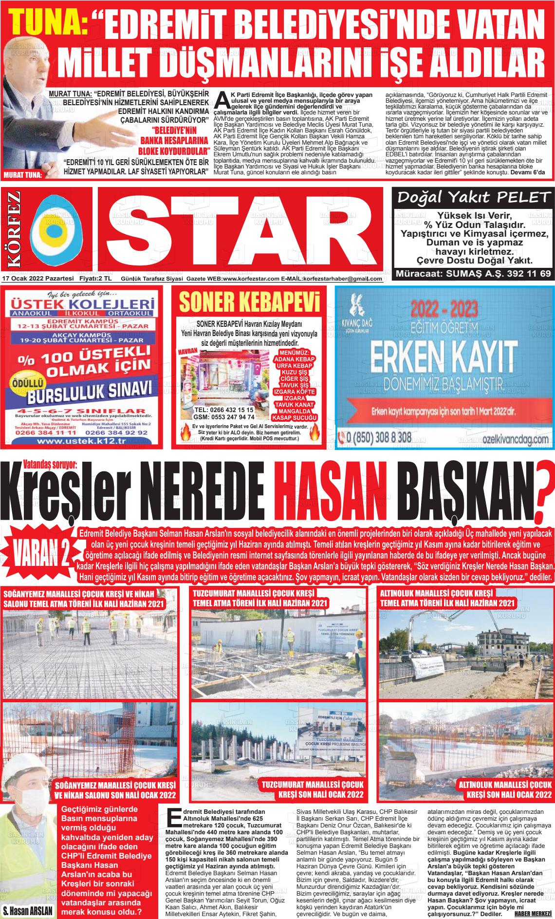17 Ocak 2022 Körfez Star Gazete Manşeti