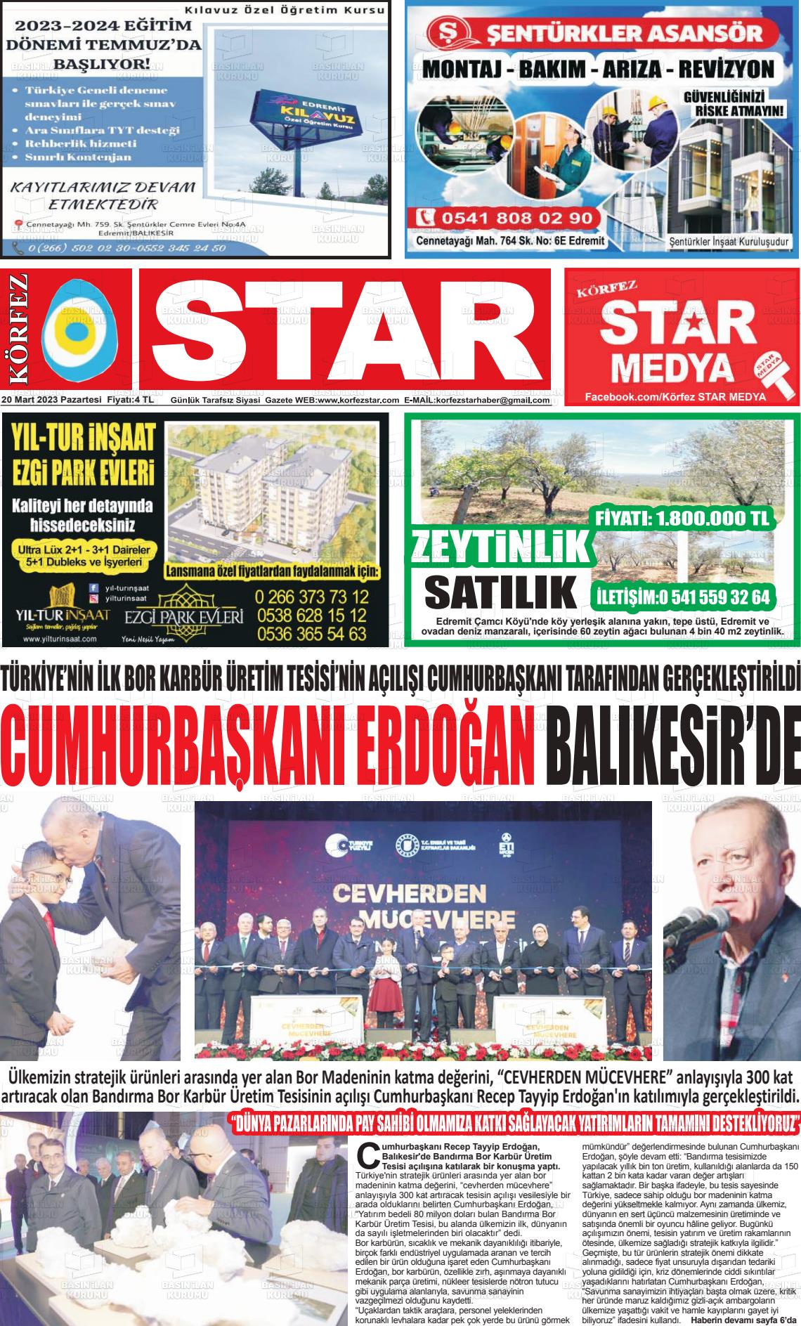 20 Mart 2023 Körfez Star Gazete Manşeti