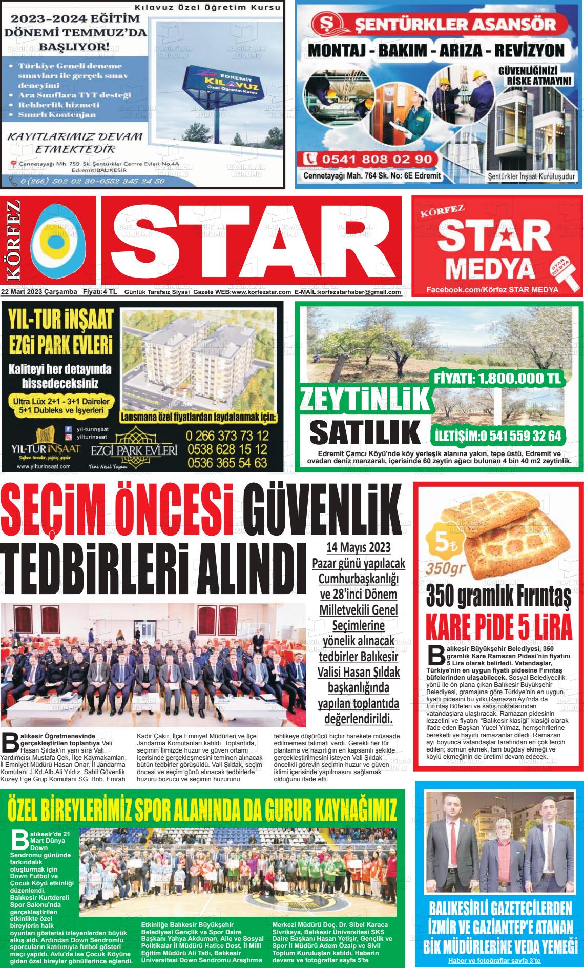 22 Mart 2023 Körfez Star Gazete Manşeti