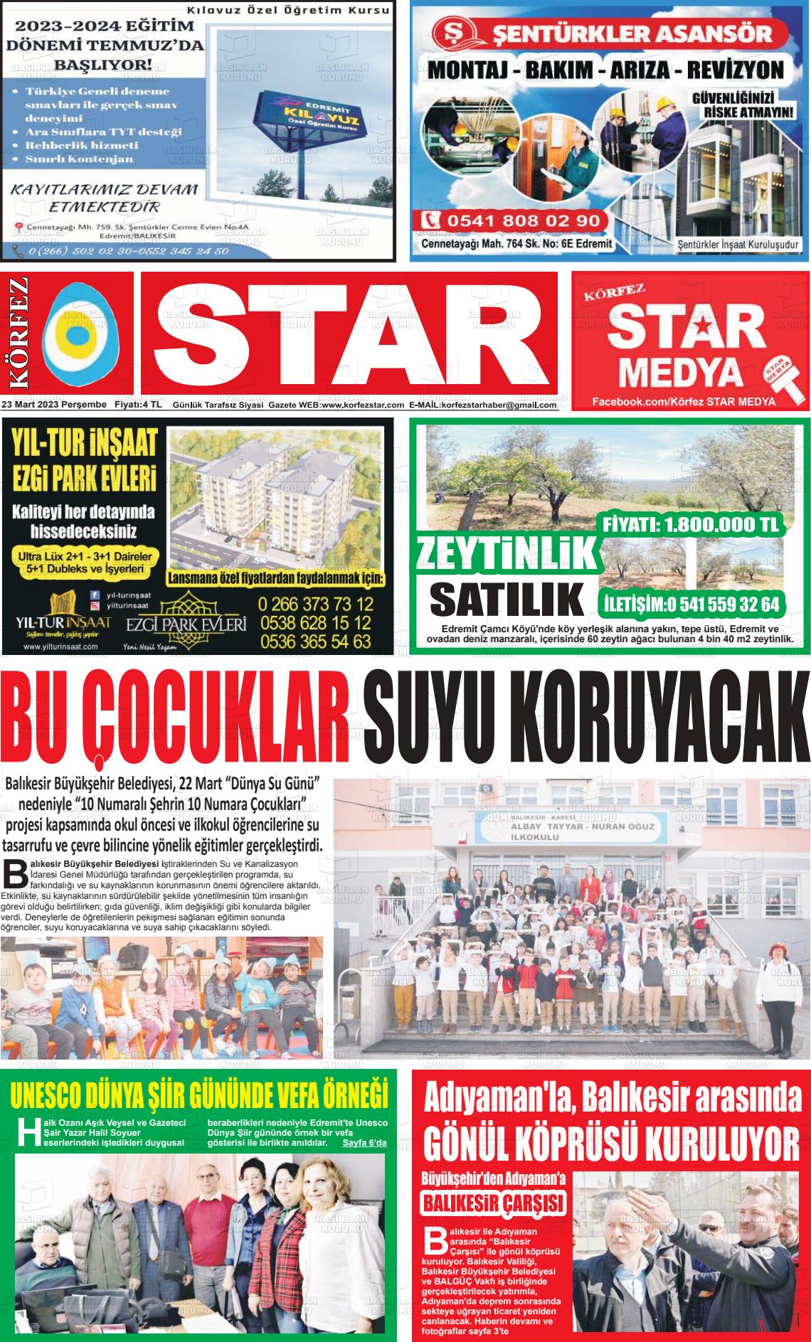 23 Mart 2023 Körfez Star Gazete Manşeti