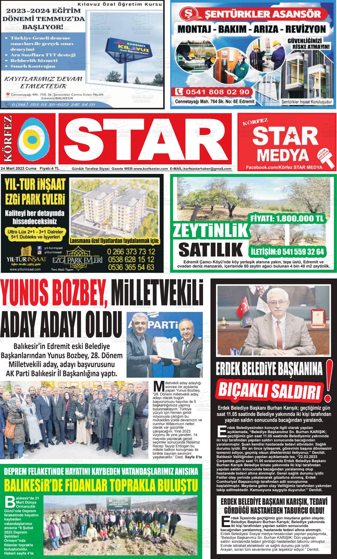 24 Mart 2023 Körfez Star Gazete Manşeti