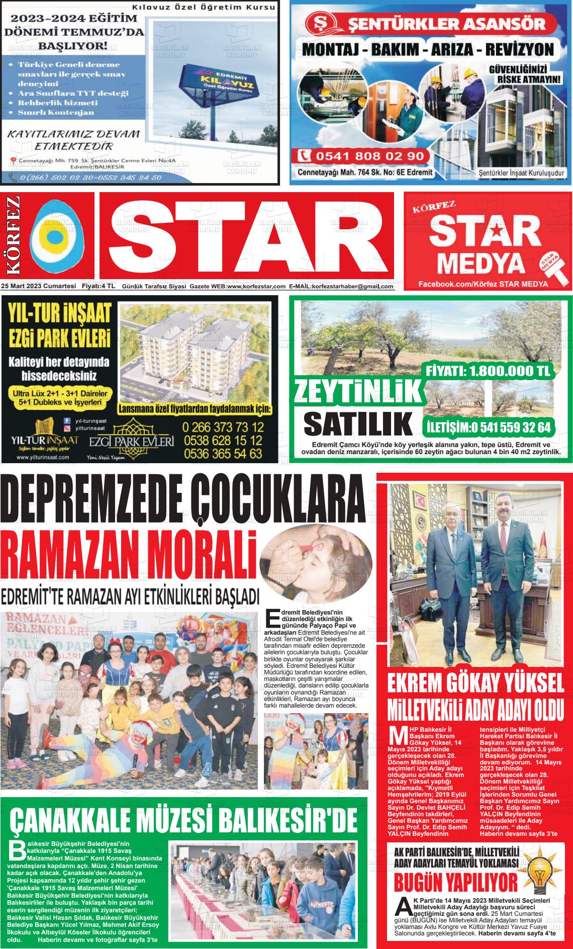 25 Mart 2023 Körfez Star Gazete Manşeti