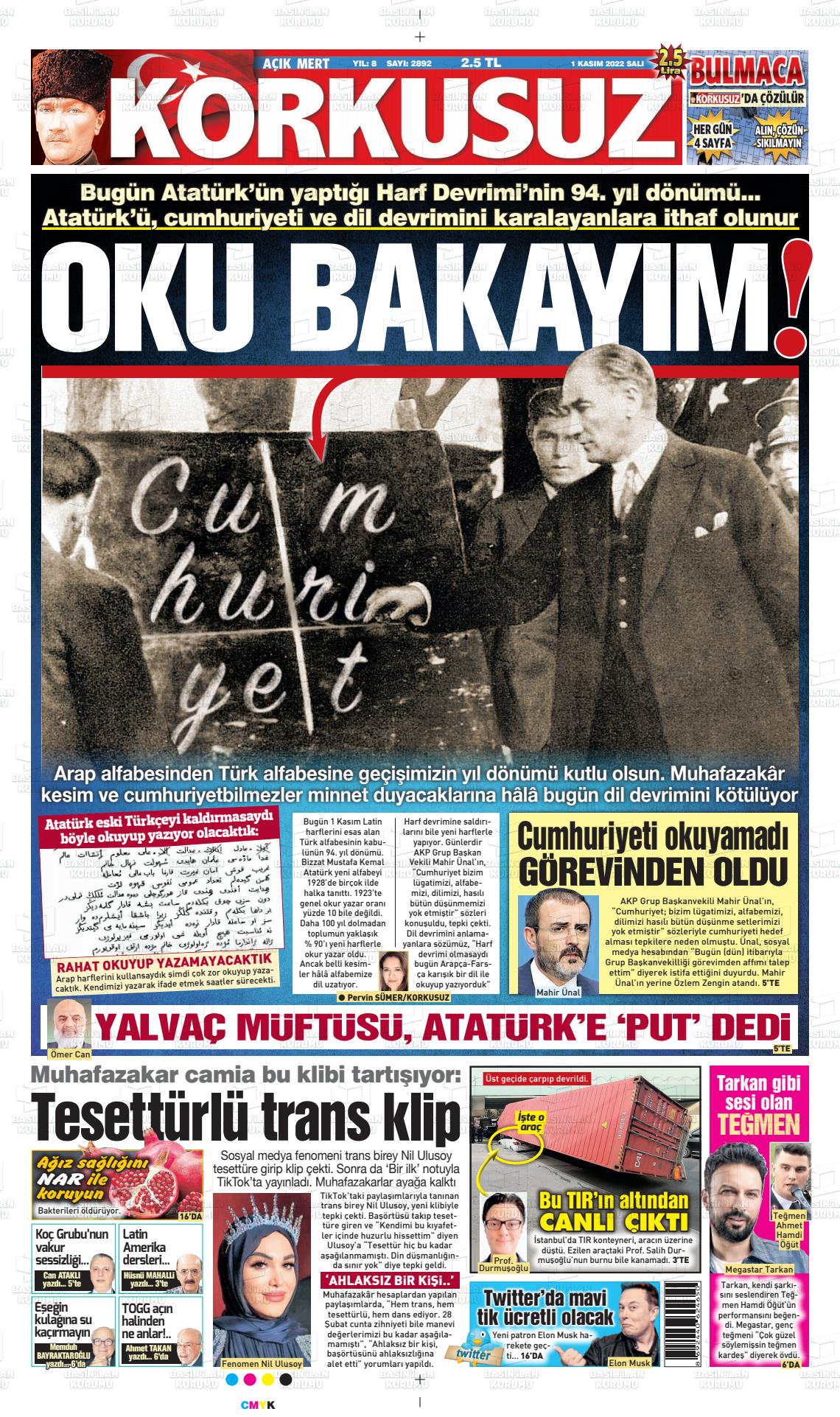 01 Kasım 2022 Korkusuz Gazete Gazete Manşeti