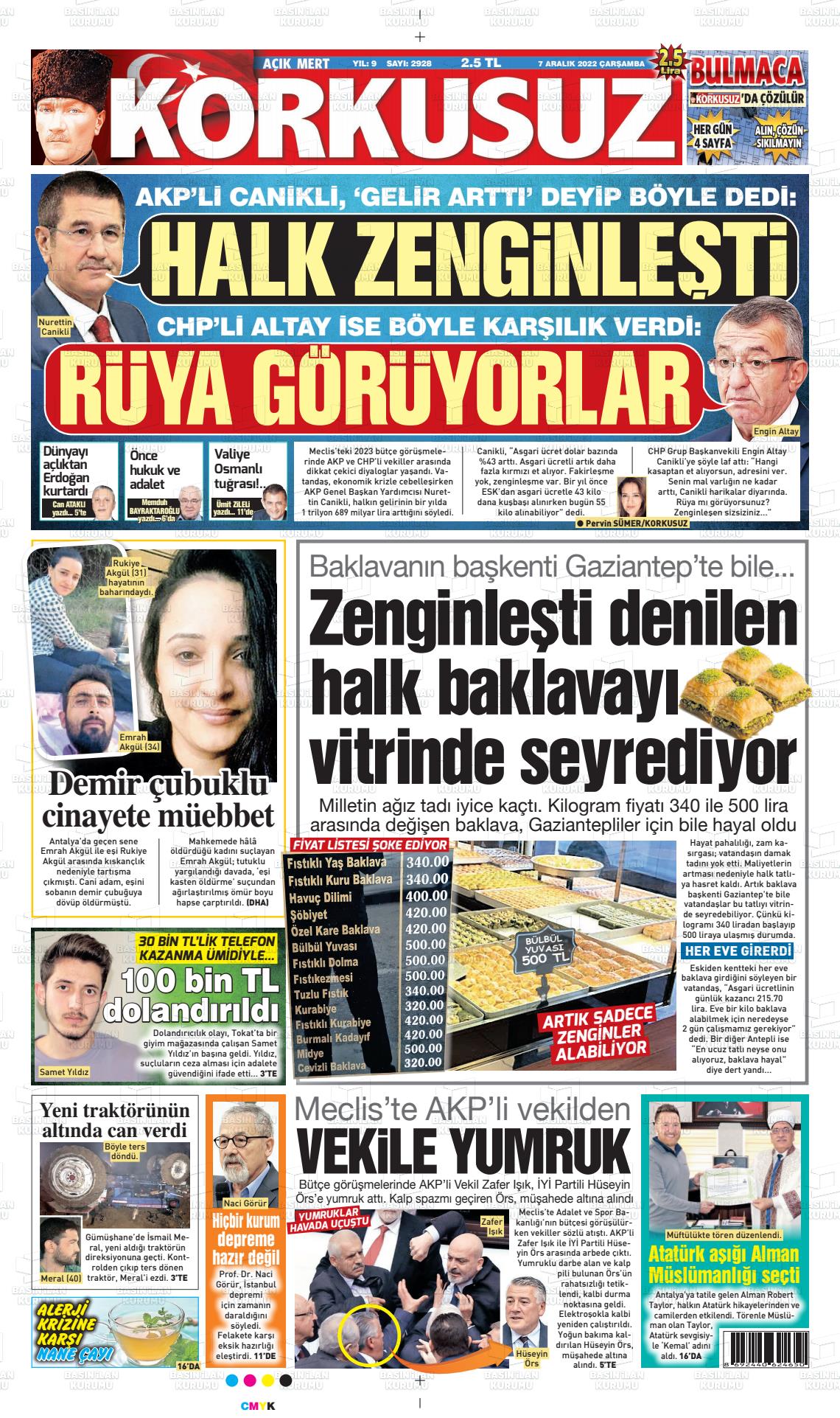 07 Aralık 2022 Korkusuz Gazete Gazete Manşeti