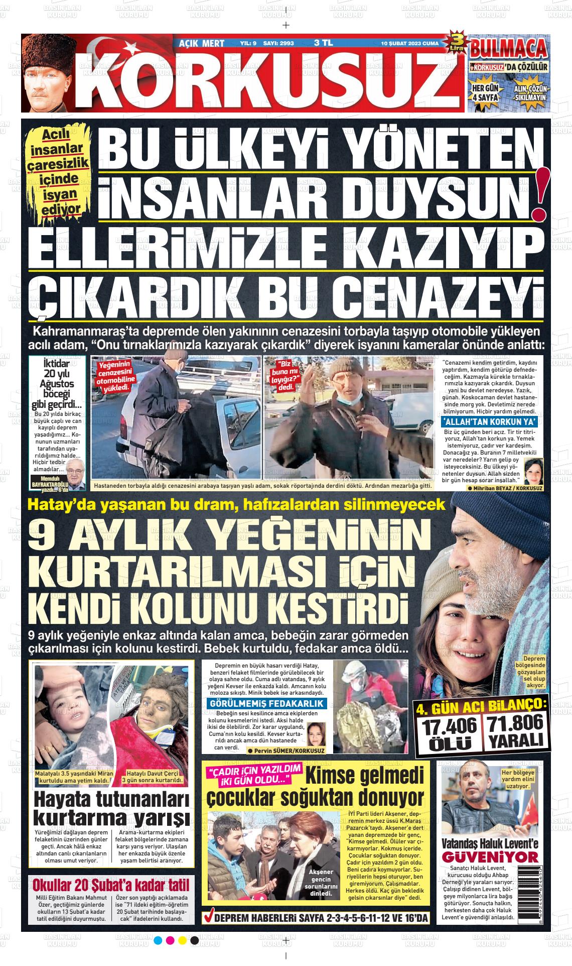 10 Şubat 2023 Korkusuz Gazete Gazete Manşeti