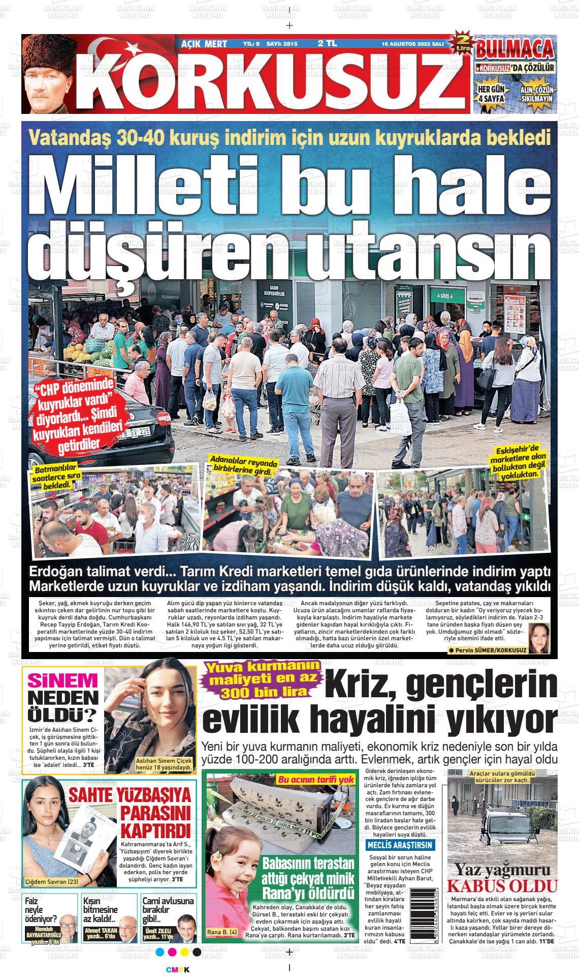 16 Ağustos 2022 Korkusuz Gazete Gazete Manşeti