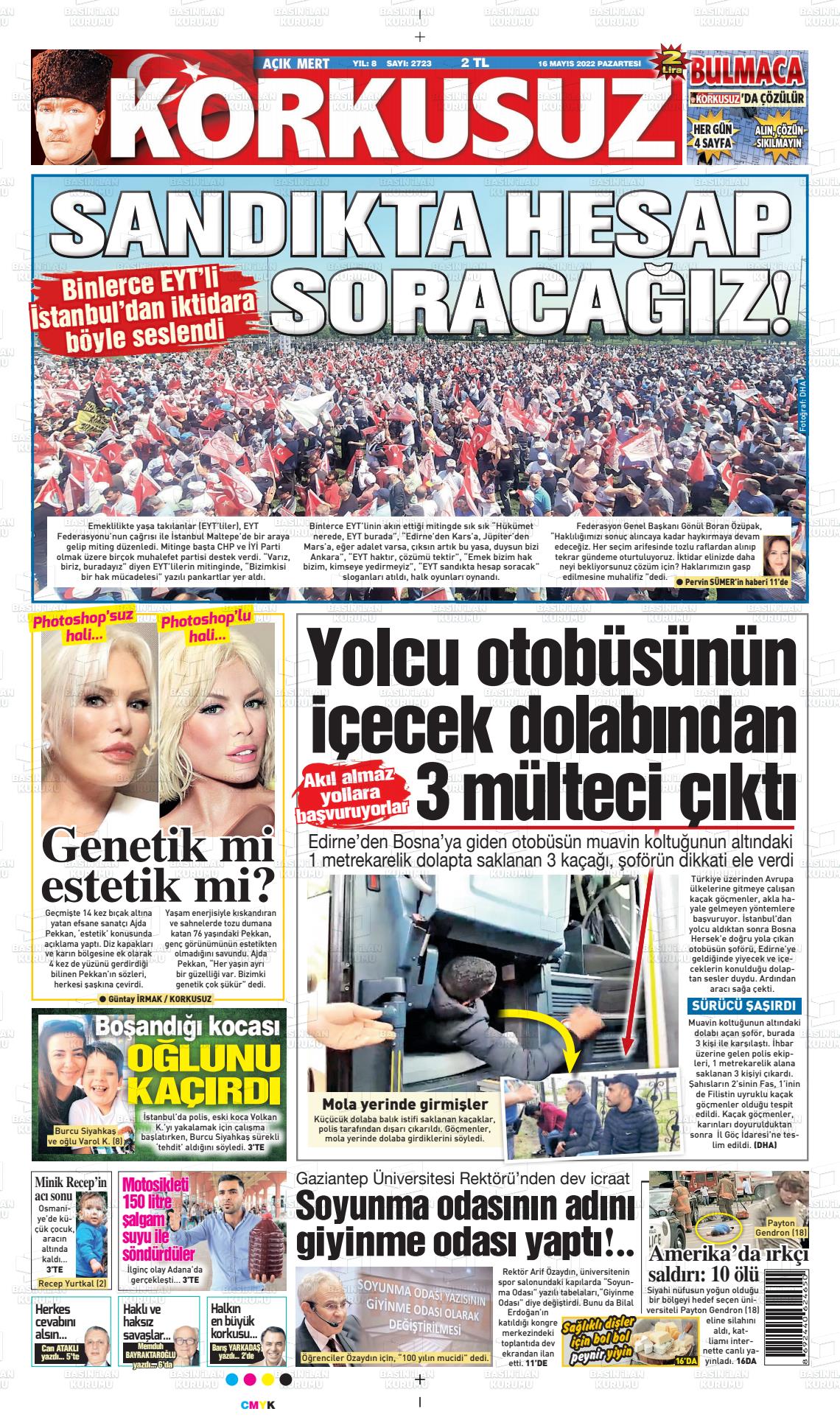 16 Mayıs 2022 Korkusuz Gazete Gazete Manşeti