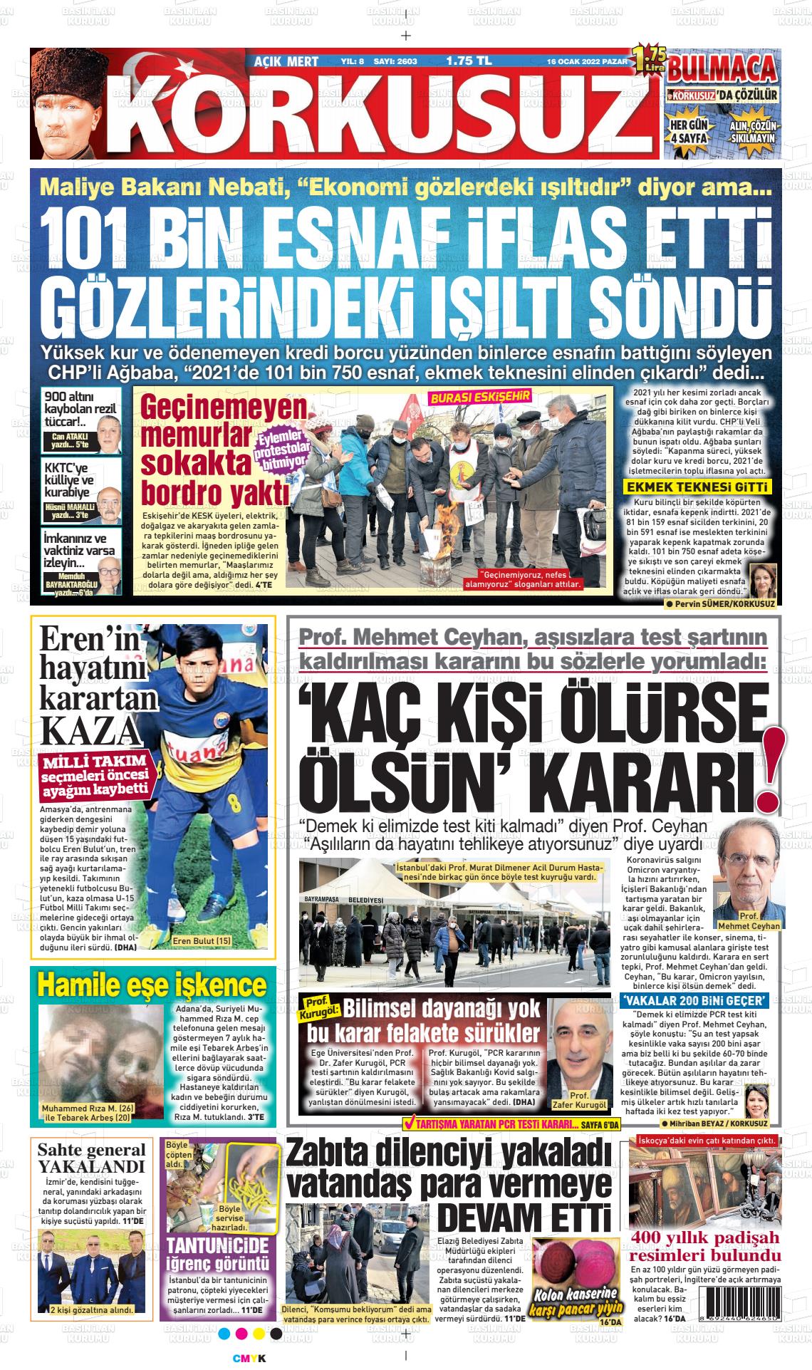 16 Ocak 2022 Korkusuz Gazete Gazete Manşeti