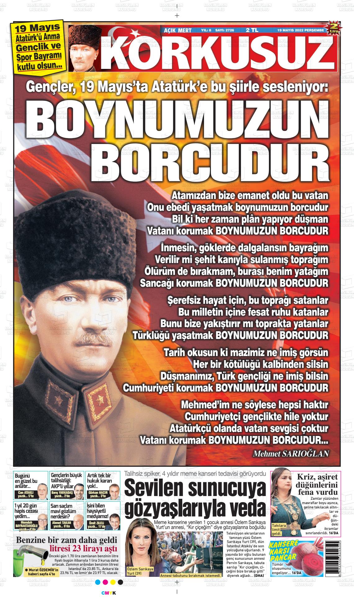 19 Mayıs 2022 Korkusuz Gazete Gazete Manşeti