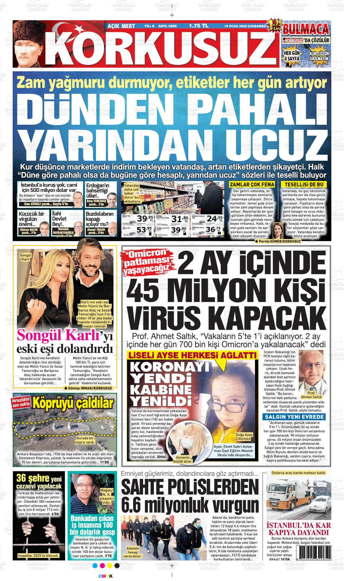 19 Ocak 2022 Korkusuz Gazete Gazete Manşeti