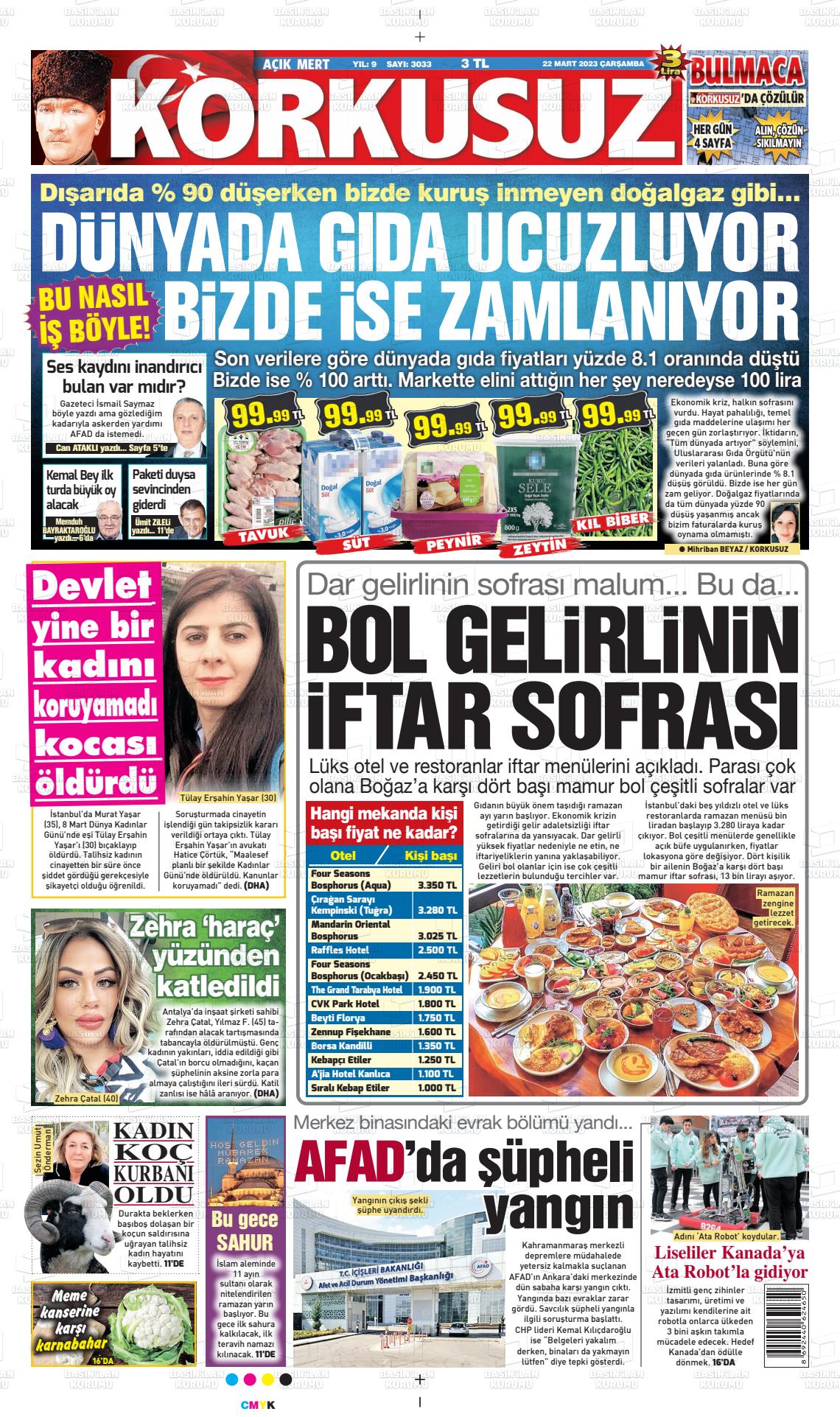 22 Mart 2023 Korkusuz Gazete Gazete Manşeti