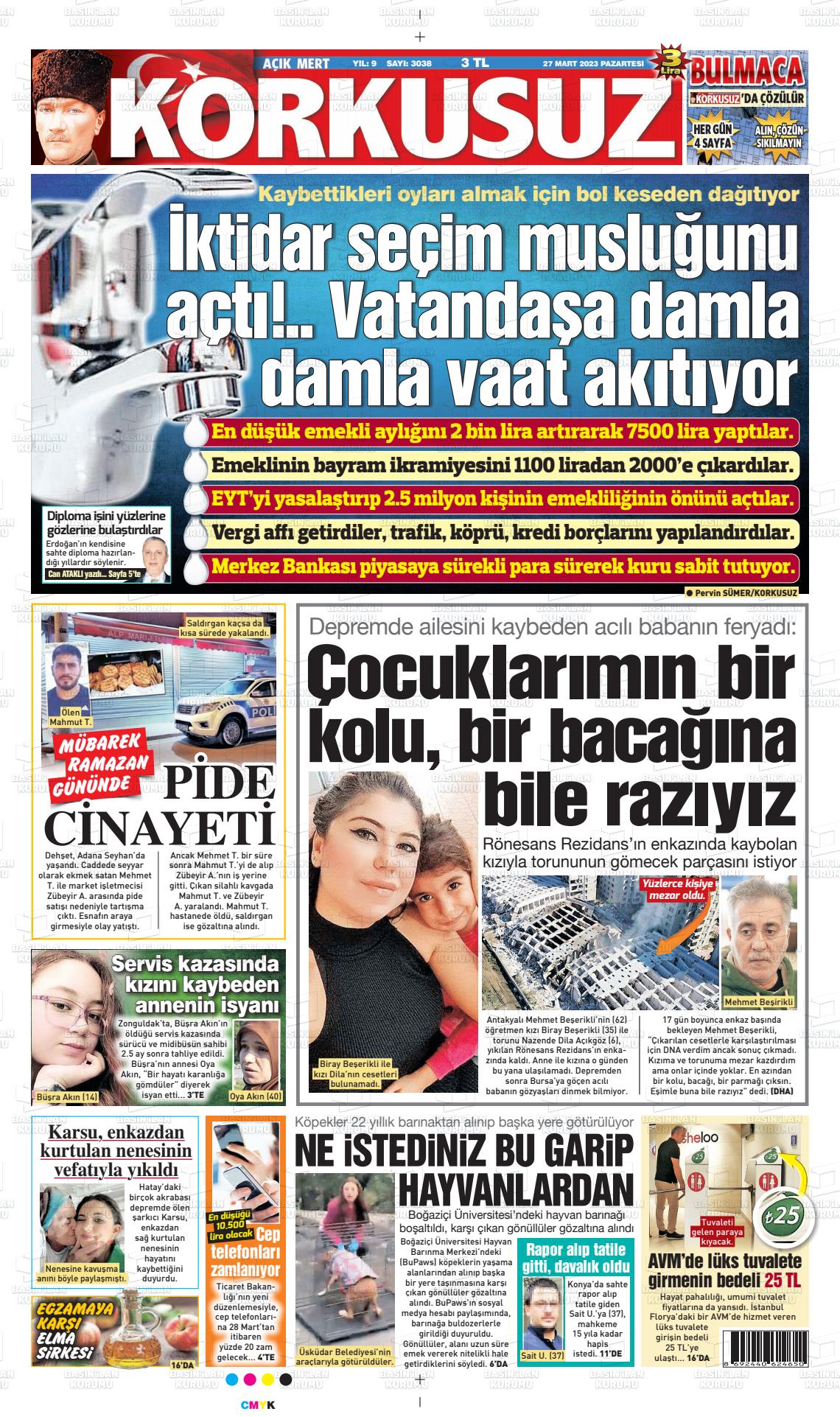 27 Mart 2023 Korkusuz Gazete Gazete Manşeti