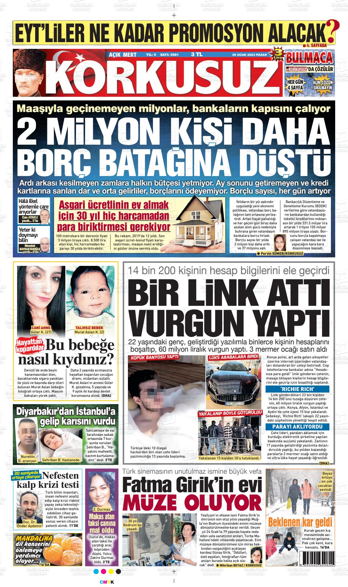 29 Ocak 2023 Korkusuz Gazete Gazete Manşeti