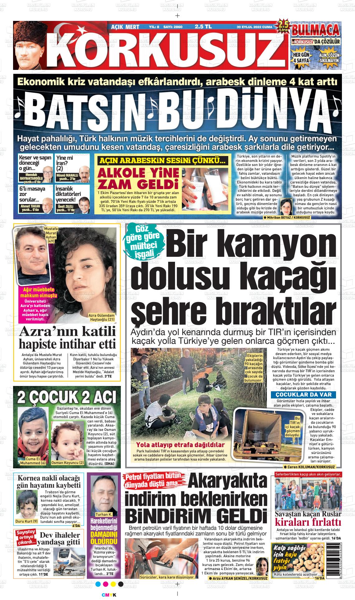 30 Eylül 2022 Korkusuz Gazete Gazete Manşeti