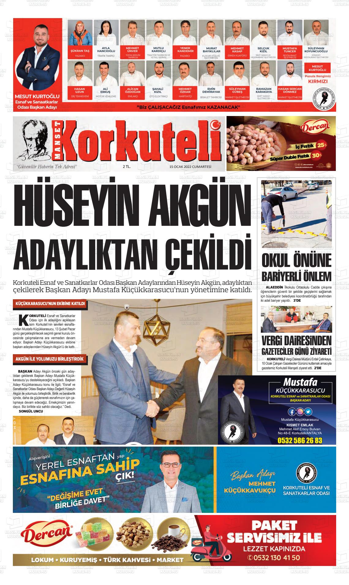 15 Ocak 2022 Korkuteli Manşet Gazete Manşeti