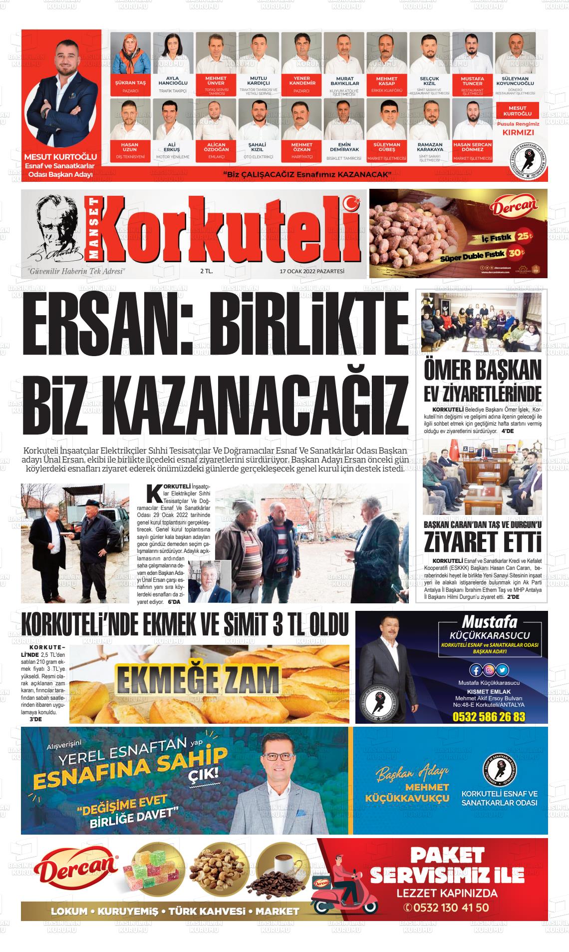 17 Ocak 2022 Korkuteli Manşet Gazete Manşeti