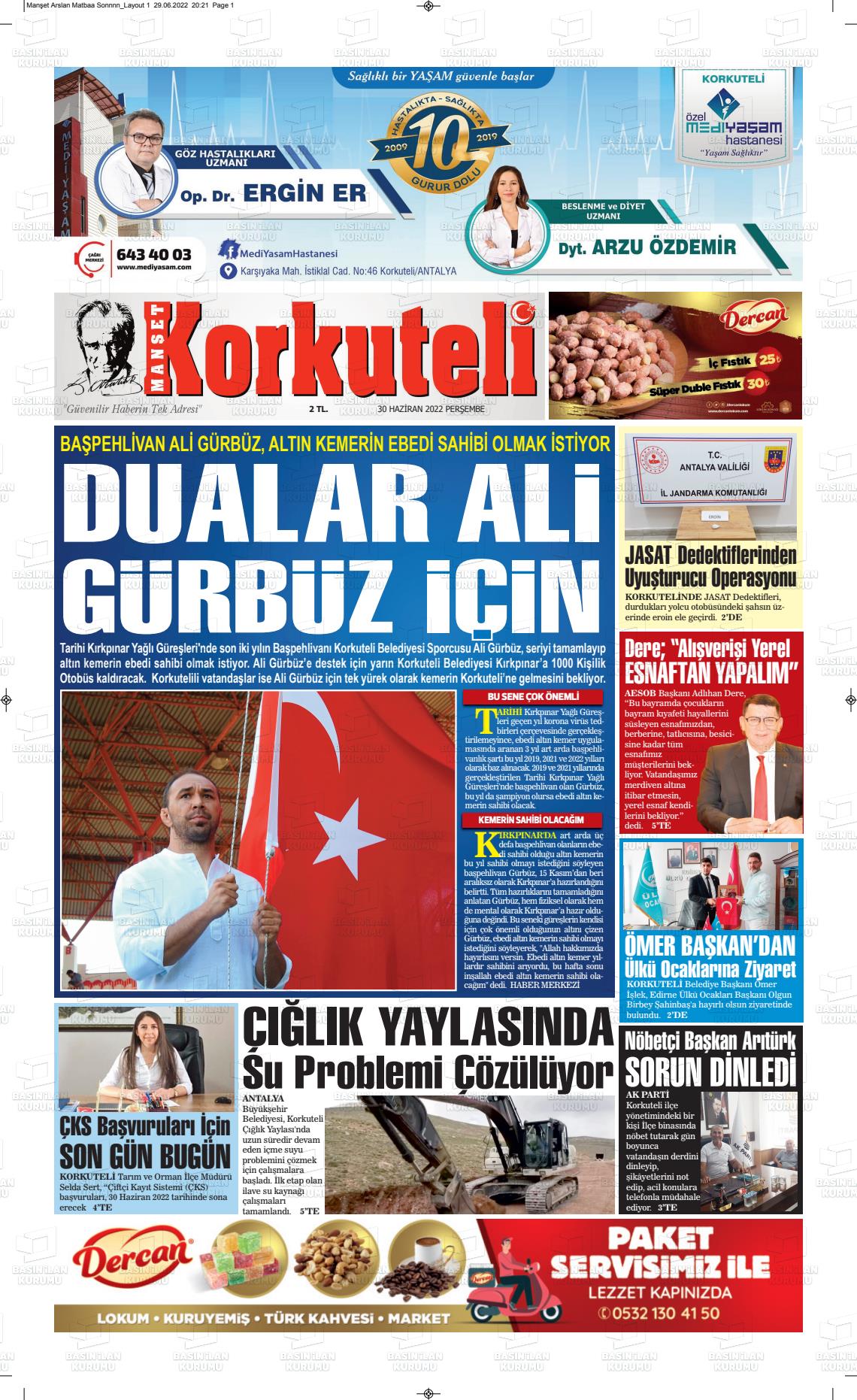 01 Temmuz 2022 Korkuteli Manşet Gazete Manşeti