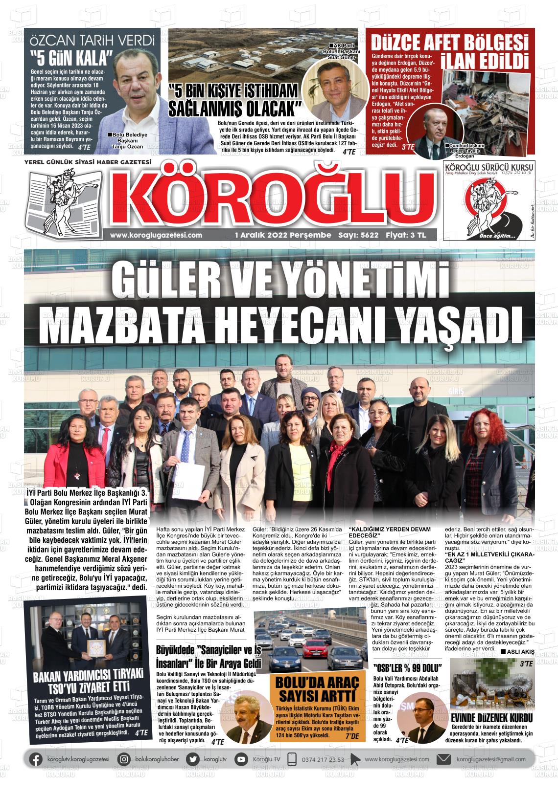 01 Aralık 2022 Köroğlu Gazete Manşeti