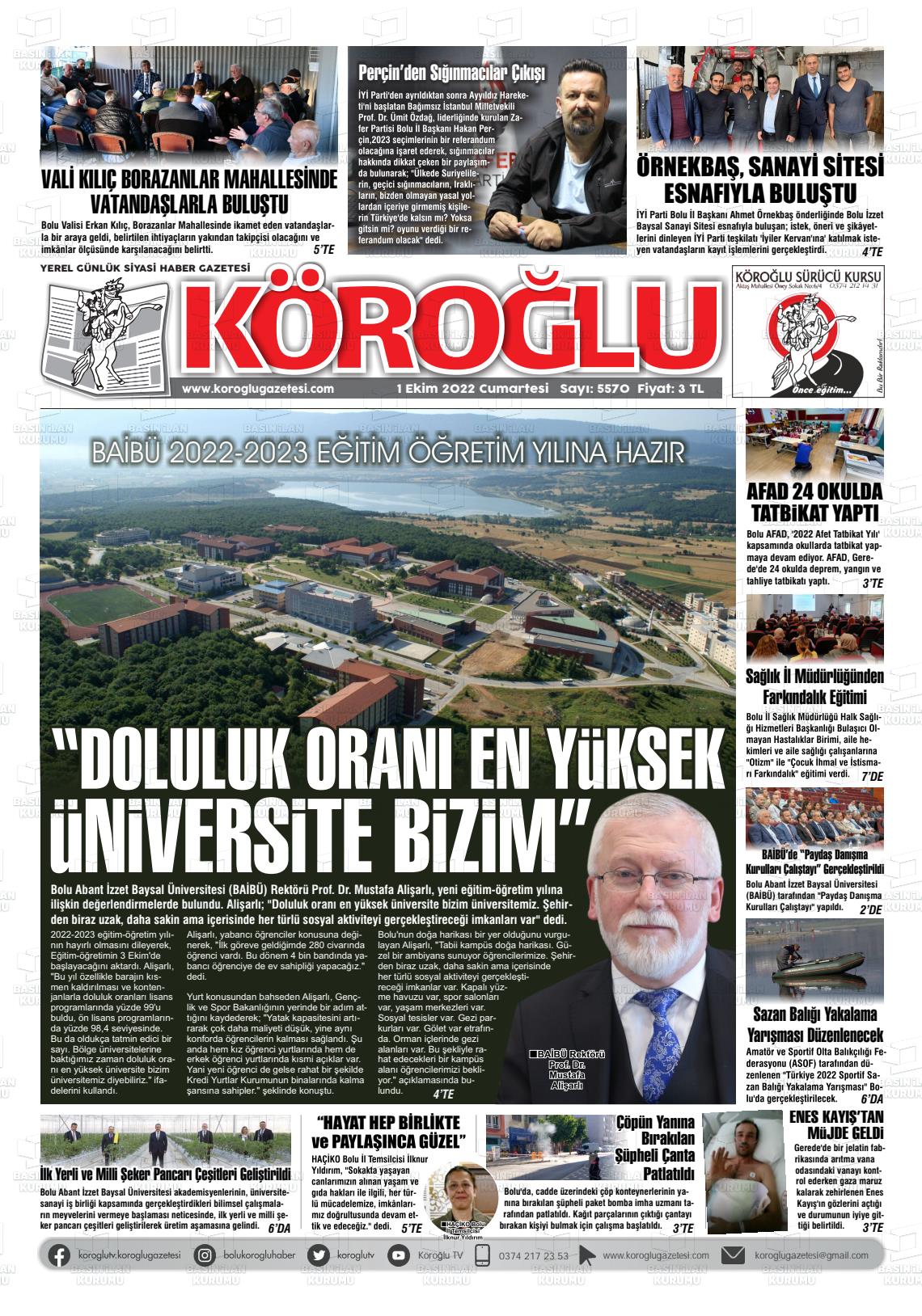 01 Ekim 2022 Köroğlu Gazete Manşeti