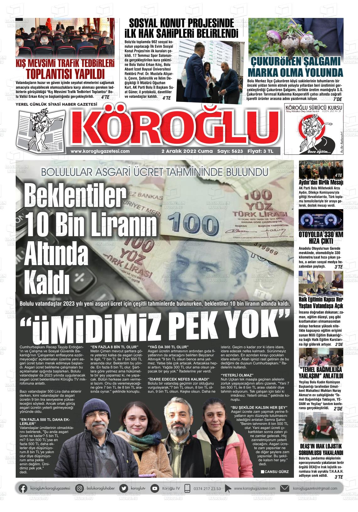 02 Aralık 2022 Köroğlu Gazete Manşeti