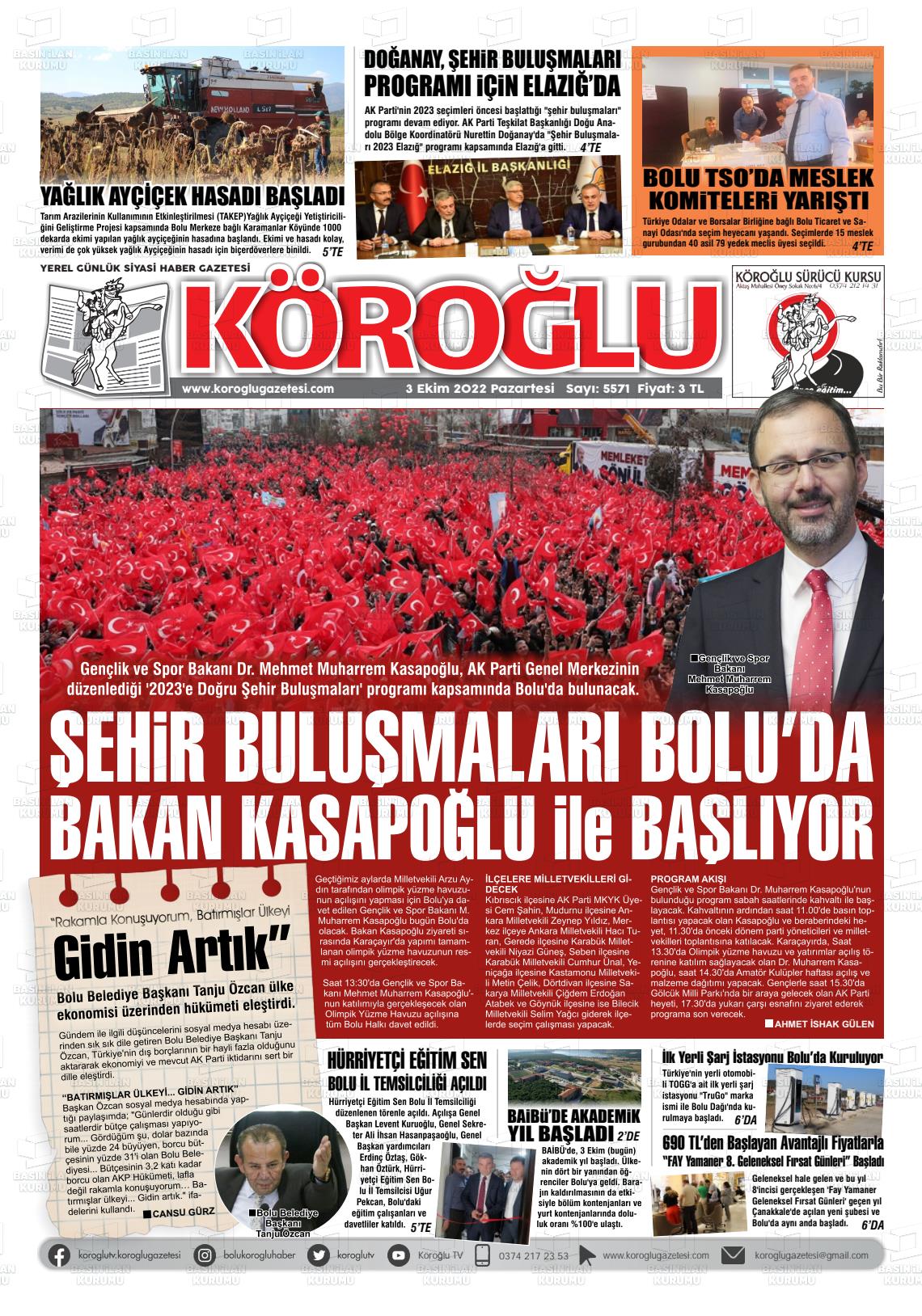 03 Ekim 2022 Köroğlu Gazete Manşeti