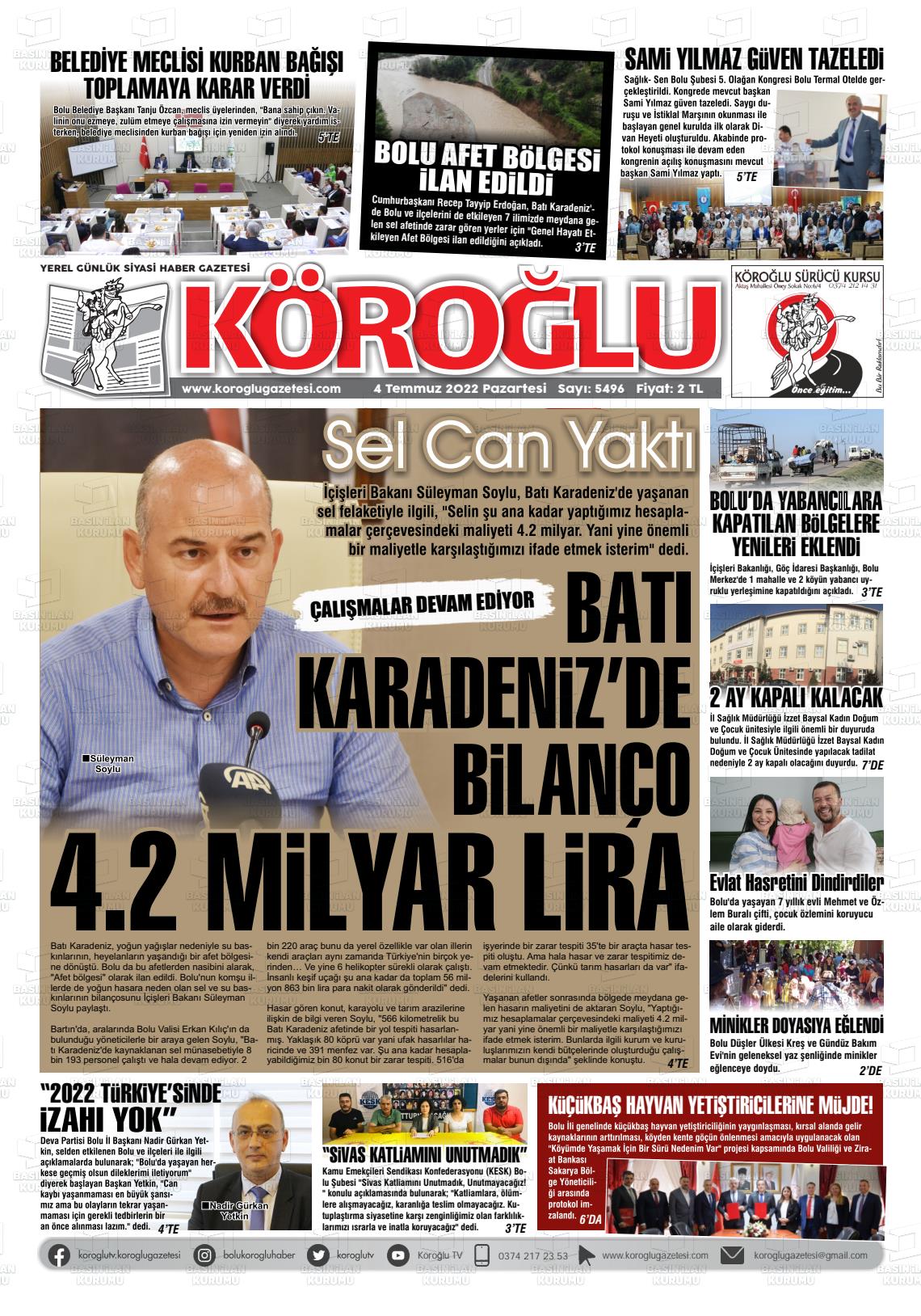 04 Temmuz 2022 Köroğlu Gazete Manşeti