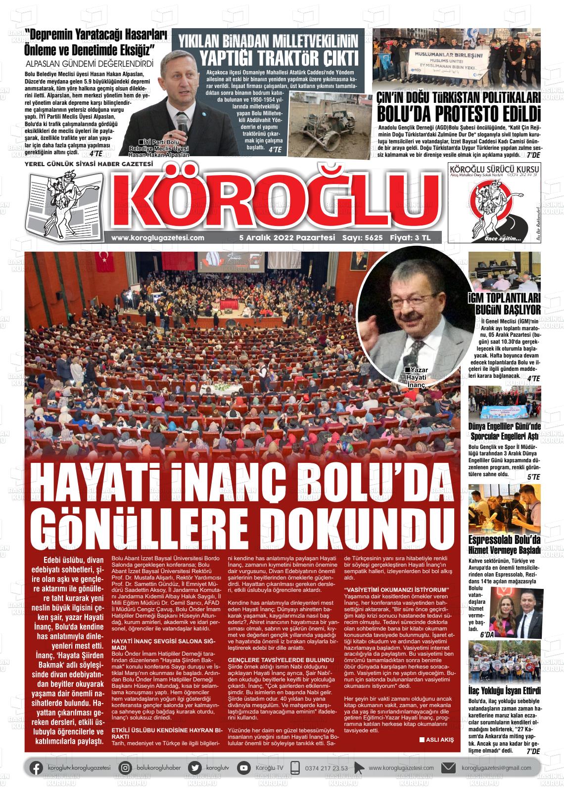 05 Aralık 2022 Köroğlu Gazete Manşeti