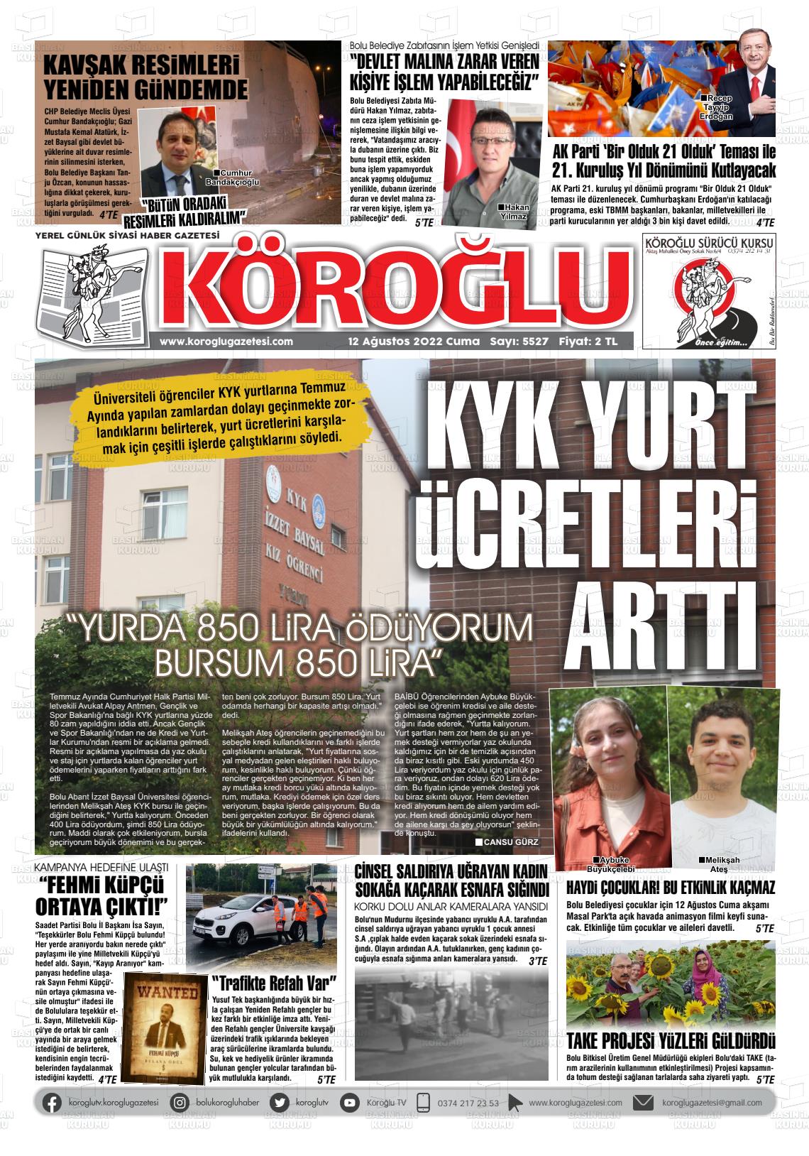 12 Ağustos 2022 Köroğlu Gazete Manşeti