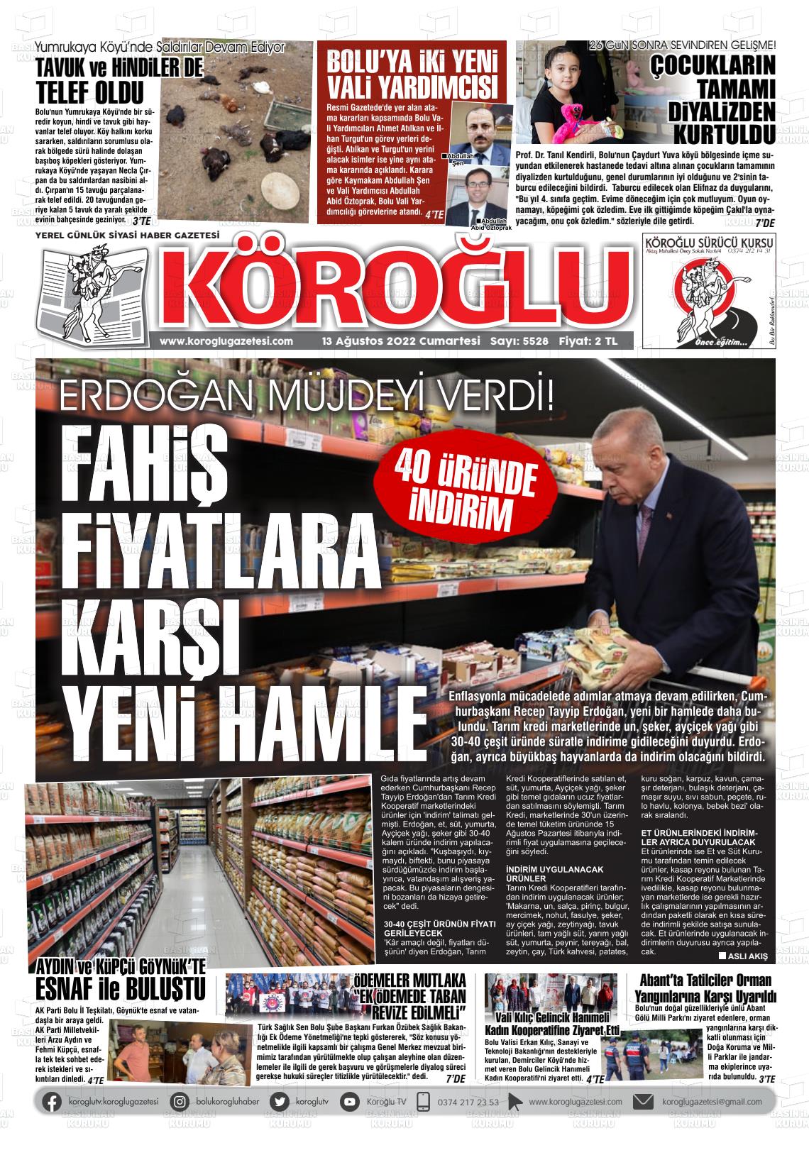 13 Ağustos 2022 Köroğlu Gazete Manşeti