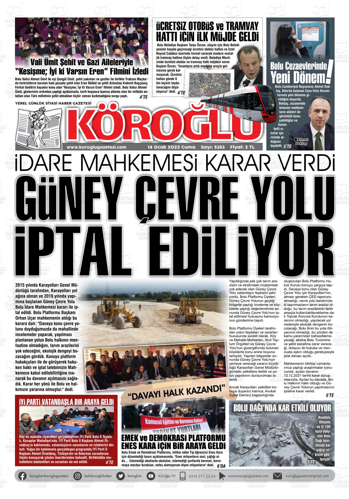 14 Ocak 2022 Köroğlu Gazete Manşeti