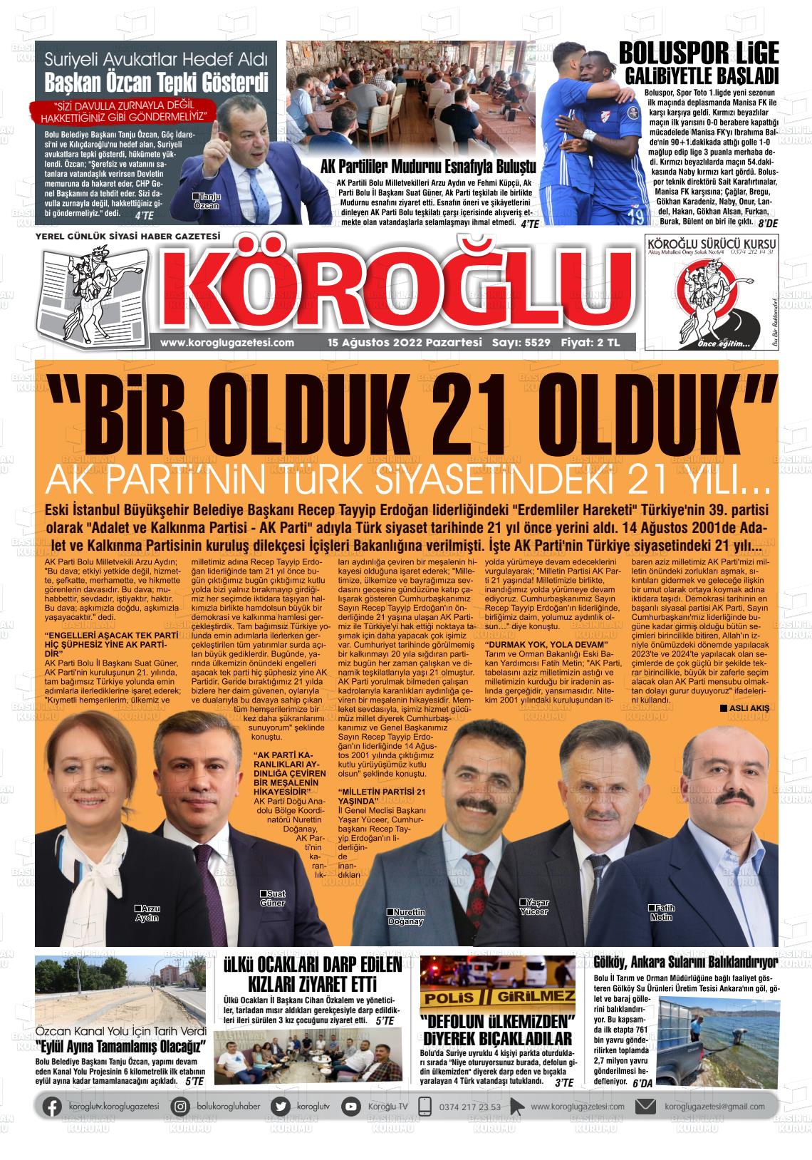 15 Ağustos 2022 Köroğlu Gazete Manşeti