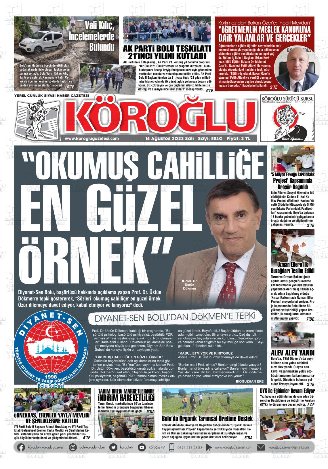 16 Ağustos 2022 Köroğlu Gazete Manşeti