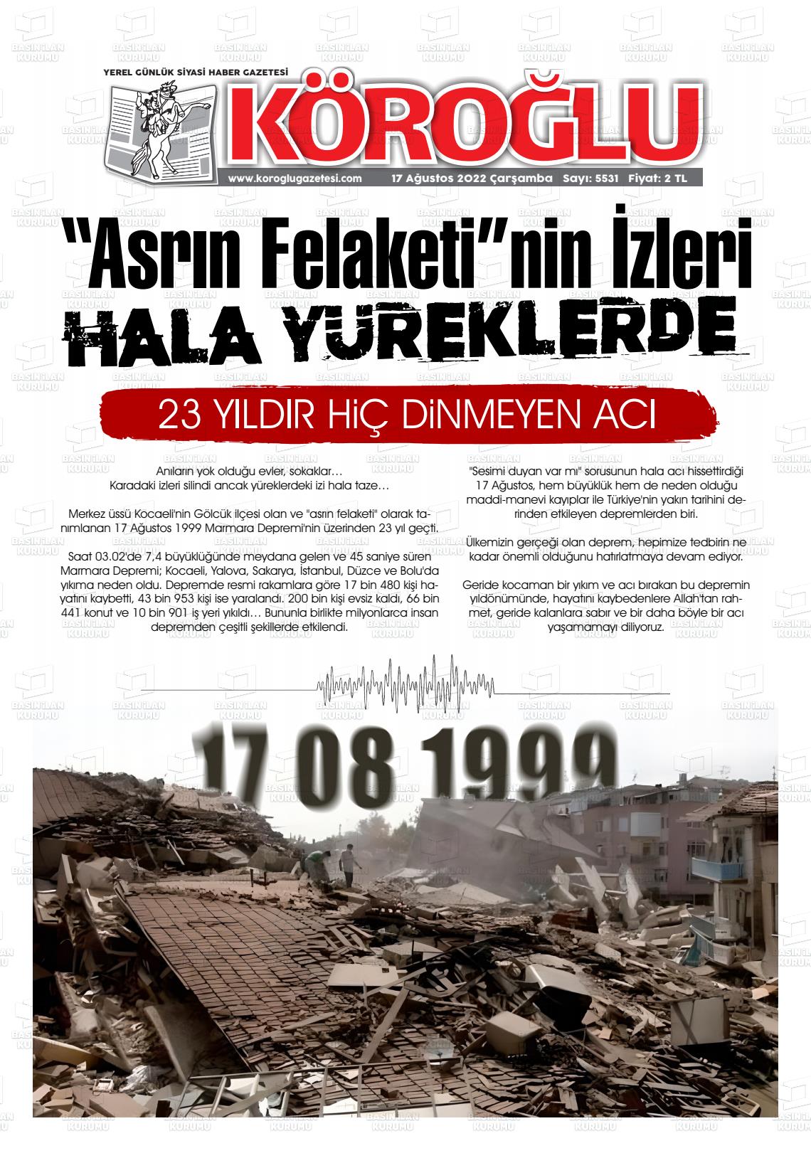 17 Ağustos 2022 Köroğlu Gazete Manşeti