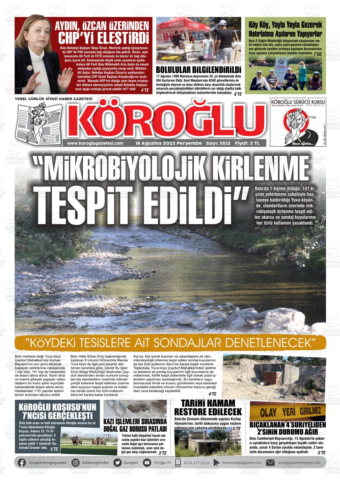 18 Ağustos 2022 Köroğlu Gazete Manşeti