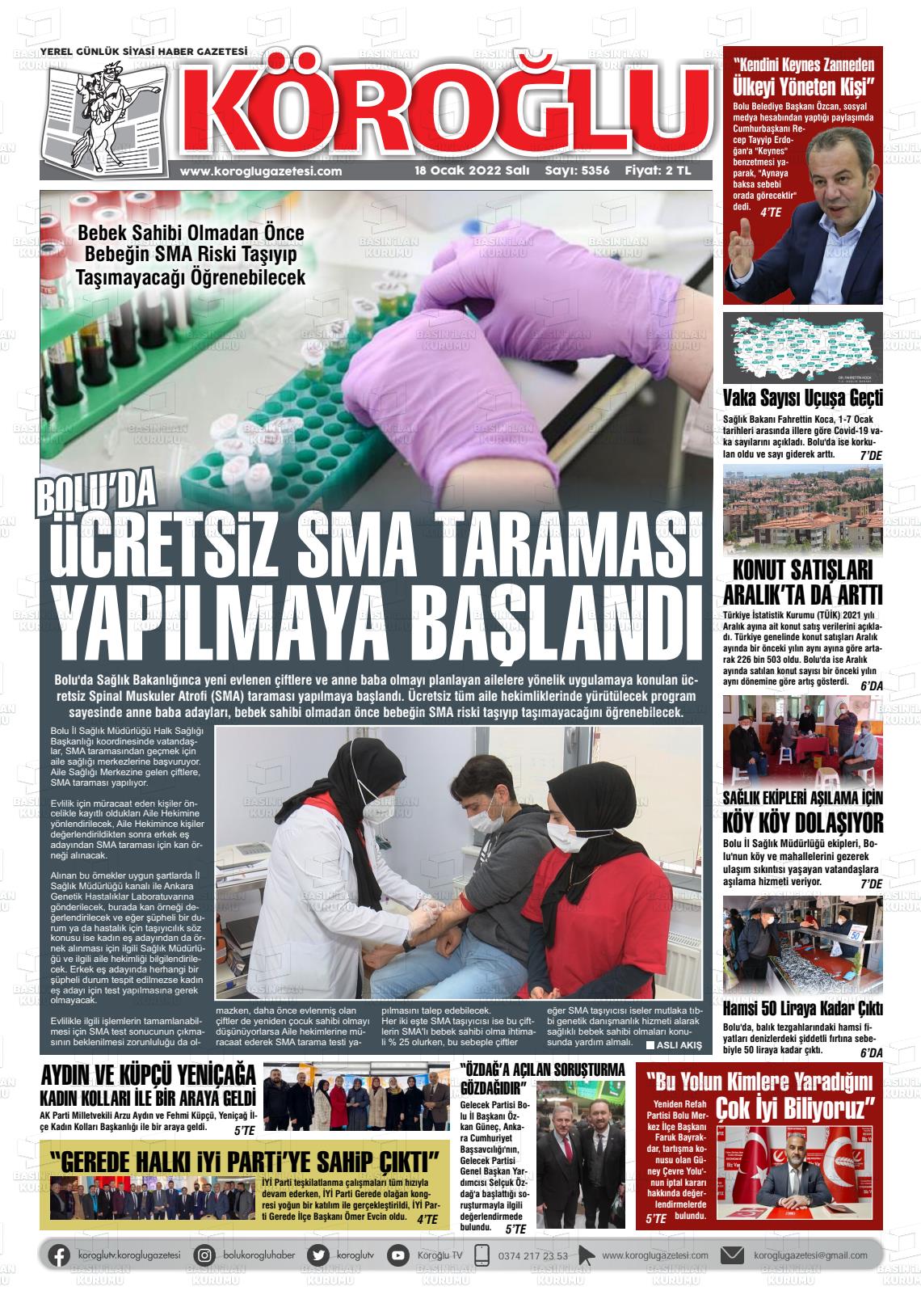 18 Ocak 2022 Köroğlu Gazete Manşeti