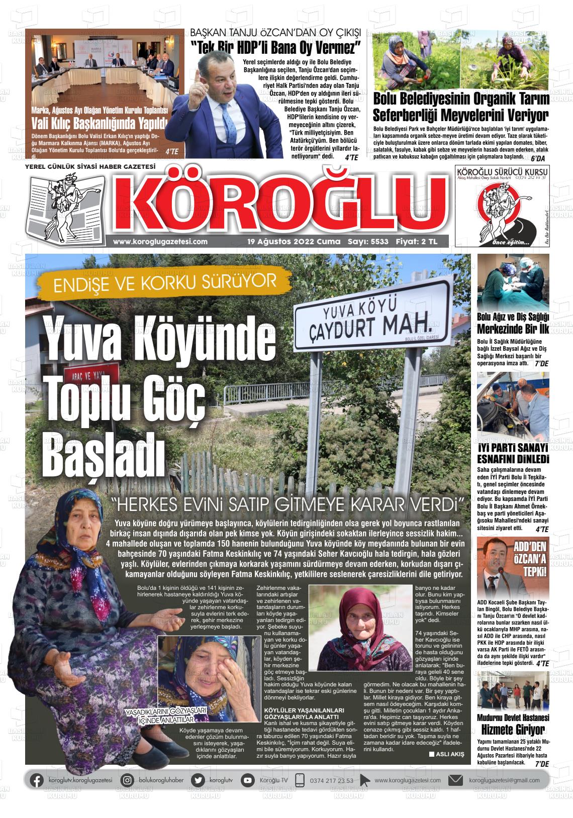 19 Ağustos 2022 Köroğlu Gazete Manşeti